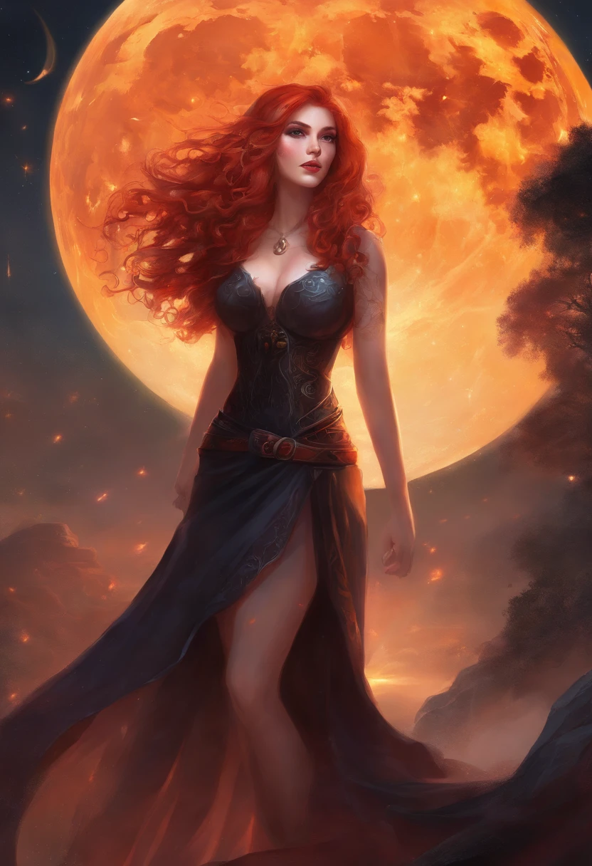 Long curly red hair, vampire fangs, pale skin, big breasts, and red and orange glowing eyes. She is wearing a very short black skirt and a tight black t-shirt that shows off her cleavage. She isn't wearing a bra or panties. There is a moon in the background. Realistic.