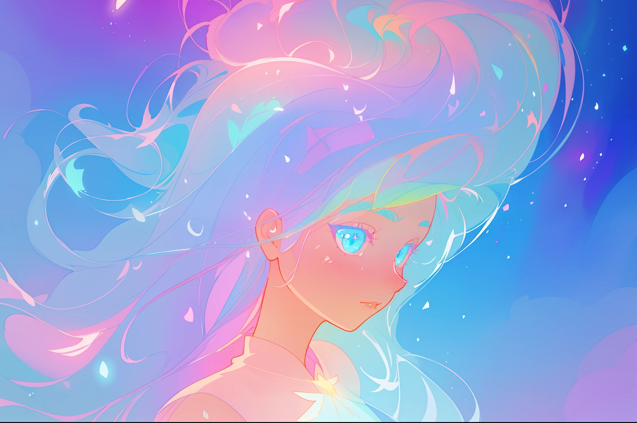 beautiful anime girl, portrait, vibrant pastel colors, (colorful), magical lights, long flowing colorful hair, inspired by Glen Keane, inspired by Lois van Baarle, disney art style, by Lois van Baarle, glowing aura around her, by Glen Keane, jen bartel, glowing lights! digital painting, flowing glowing hair, glowing flowing hair, beautiful digital illustration, fantasia background, whimsical, magical, fantasy, beautiful face, ((masterpiece, best quality)), intricate details, highly detailed, sharp focus, 8k resolution, sparkling detailed eyes, liquid watercolor