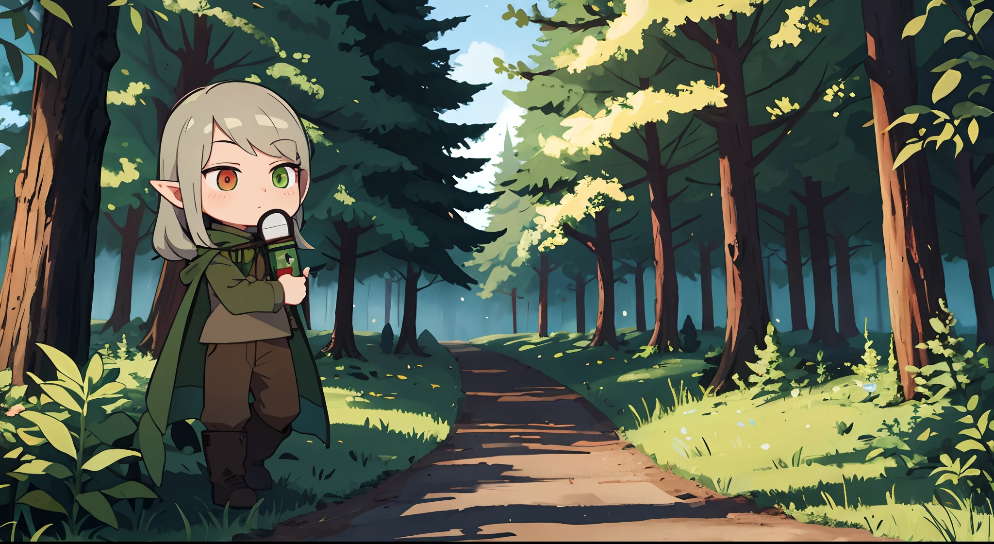 Background Forest, Guy Elf,Bright, hairlong, The right eye is green, Left Eye Red, Green Cloak, Khaki shirt,  brown pants,  Black Boots