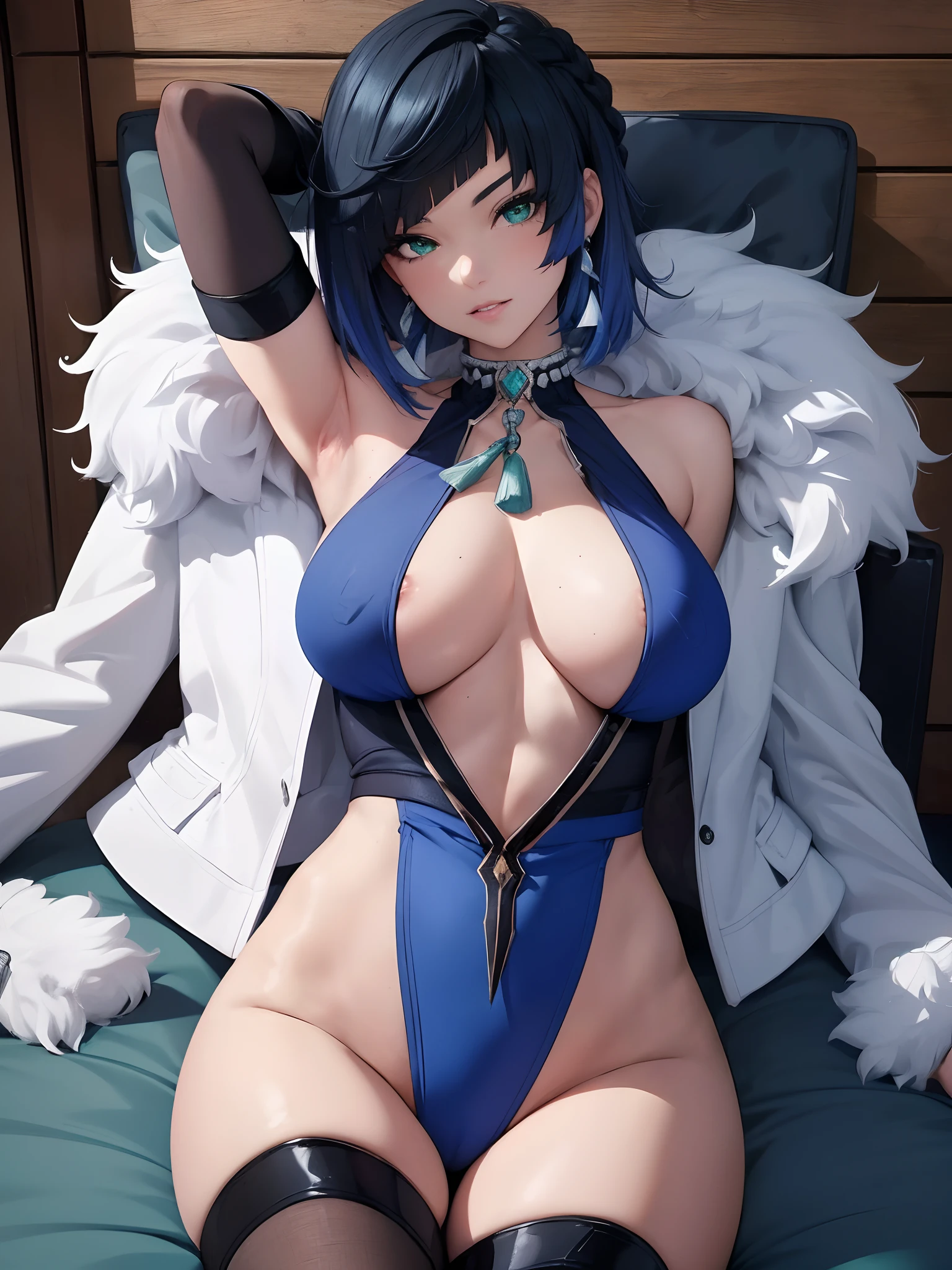 ((top quality, 8k, masterpiece: 1.3, ultra hd, high quality, best quality, high definition, realism)), sharp focus: 1.5, Beautiful woman with Slim body, Dark blue straight hair, Beautiful Green tosca eyes, Big breasts, Abs, Tight dark blue bikini, Sexy pose lying on the bed, Armpit, both legs spread apart showing her pubic area, Thick hair around the pubic area.