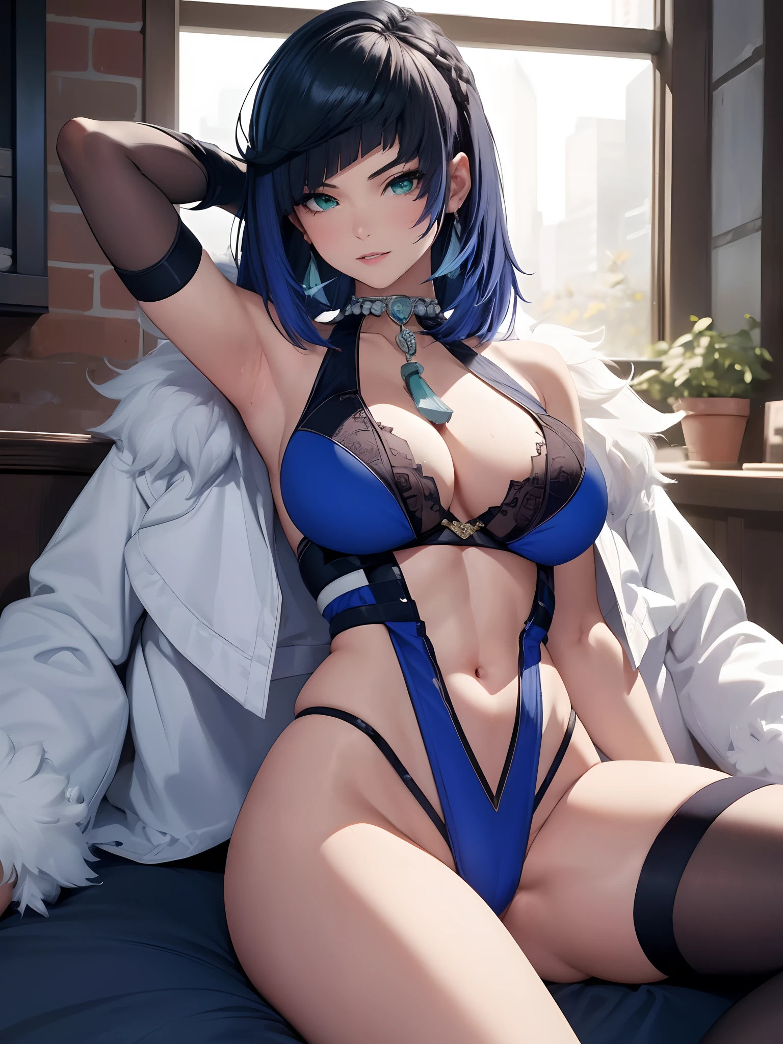 ((top quality, 8k, masterpiece: 1.3, ultra hd, high quality, best quality, high definition, realism)), sharp focus: 1.5, Beautiful woman with Slim body, Dark blue straight hair, Beautiful Green tosca eyes, Big breasts, Abs, Tight dark blue bikini, Sexy pose lying on the bed, Armpit, both legs spread apart showing her pubic area, Thick hair around the pubic area.