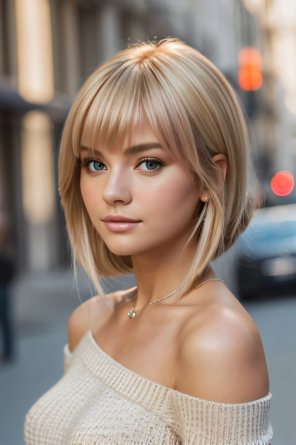 ((Best quality, 8k, Masterpiece, Sharp focus, 35mm lens, f/0.8, amazing beautiful perfect figure :1.4)), side lighting, ((natural medium breasts )), (white shoulder knit sweater:1.2), (street background:1.2),necklace, Highly detailed face and skin texture:1.2, Detailed black eyes:1.2, super detailed skin, shiny skin:1.2, Blushing , beautiful detailed makeup:1.2, high-fidelity bangs, brilliant light blonde long random hairstyle, from below, looking at viewer