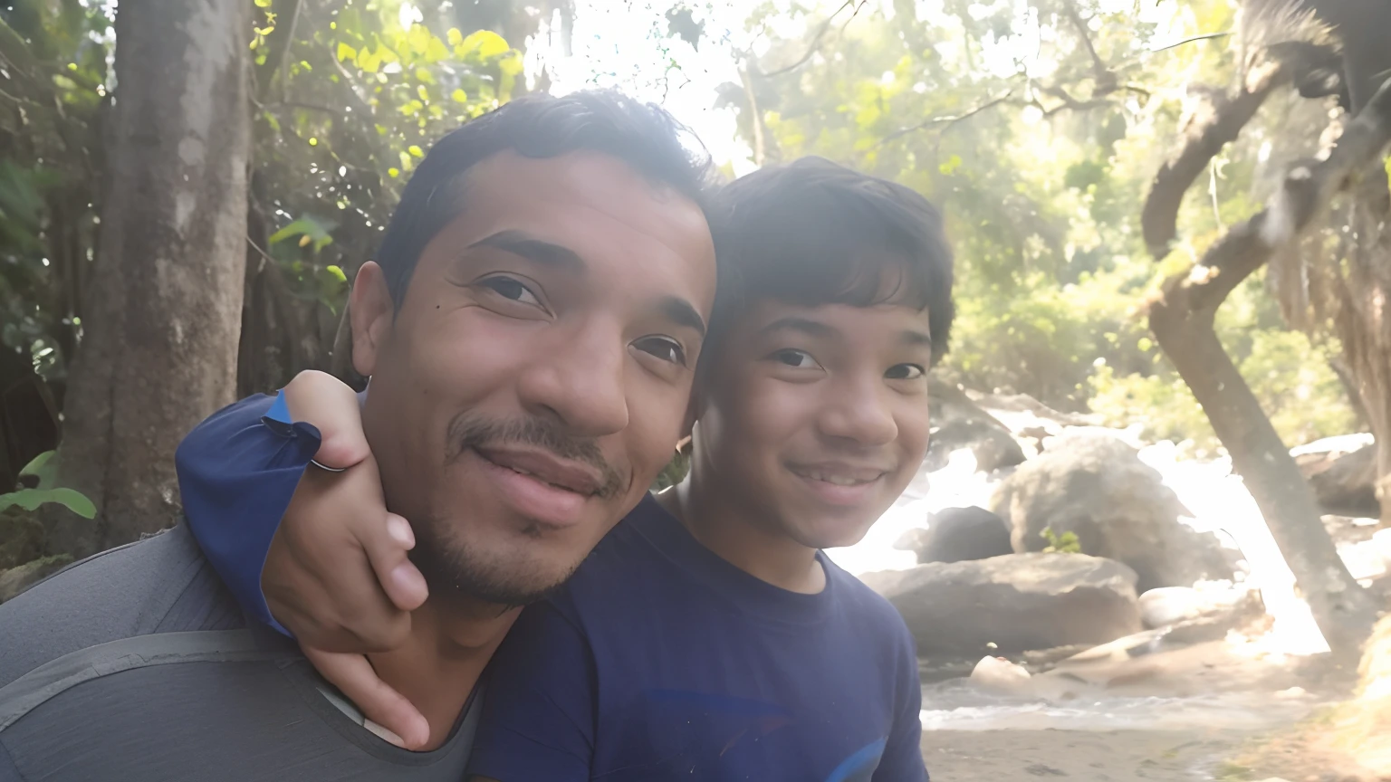 there is a man and a boy that are standing together, with a kid, david rios ferreira, edu souza, Homens de 45 anos, taken in the early 2020s, foto do perfil, icaro carvalho, Foto do perfil, Homem de 4 0 anos, em um rio na selva, Alex, na selva, caio santos