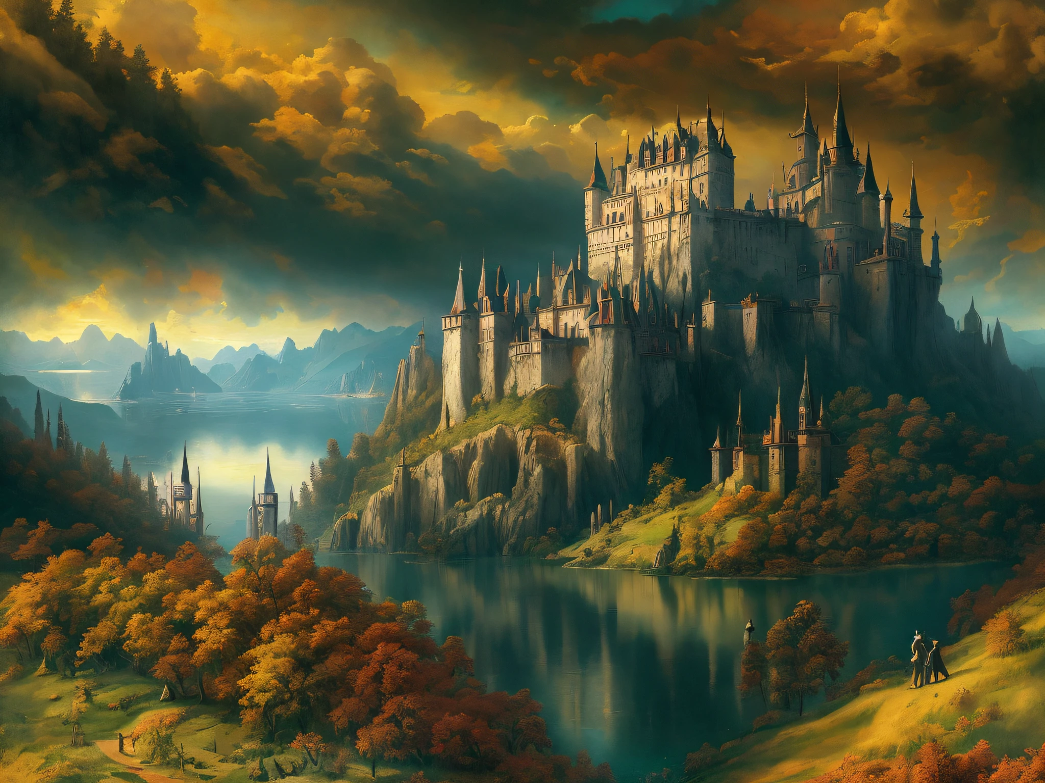 painting of a castle on a mountain overlooking a lake, inspired by Raphael Lacoste, silvain sarrailh, bussiere rutkowski andreas rocha, andreas rocha style, martin raphael lacoste, by Raphael Lacoste, style of raphael lacoste, epic castle with tall spires, illustration matte painting, detailed matte fantasy painting, high fantasy castle