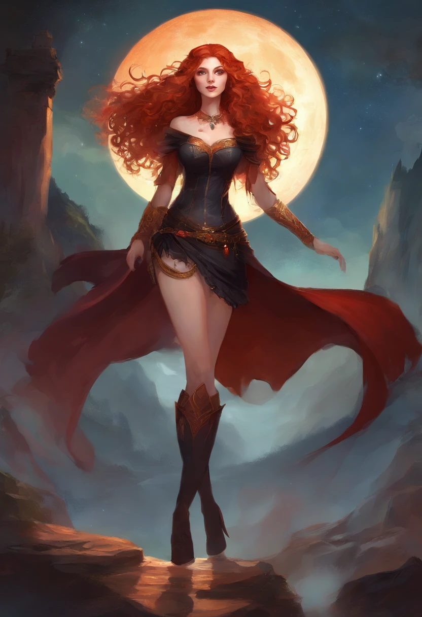 Long curly red hair, vampire fangs, pale skin, big breasts, and red and orange glowing eyes. She is wearing a very short black skirt and a tight black t-shirt that shows off her cleavage. She isn't wearing a bra or panties. There is a moon in the background. Realistic.