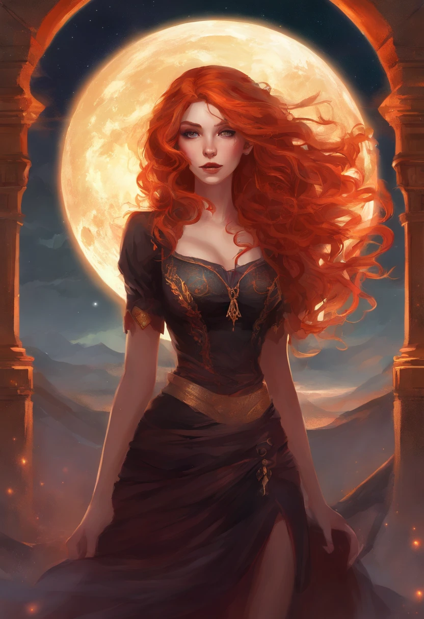Long curly red hair, vampire fangs, pale skin, big breasts, and red and orange glowing eyes. She is wearing a very short black skirt and a tight black t-shirt that shows off her cleavage. She isn't wearing a bra or panties. There is a moon in the background. Realistic.