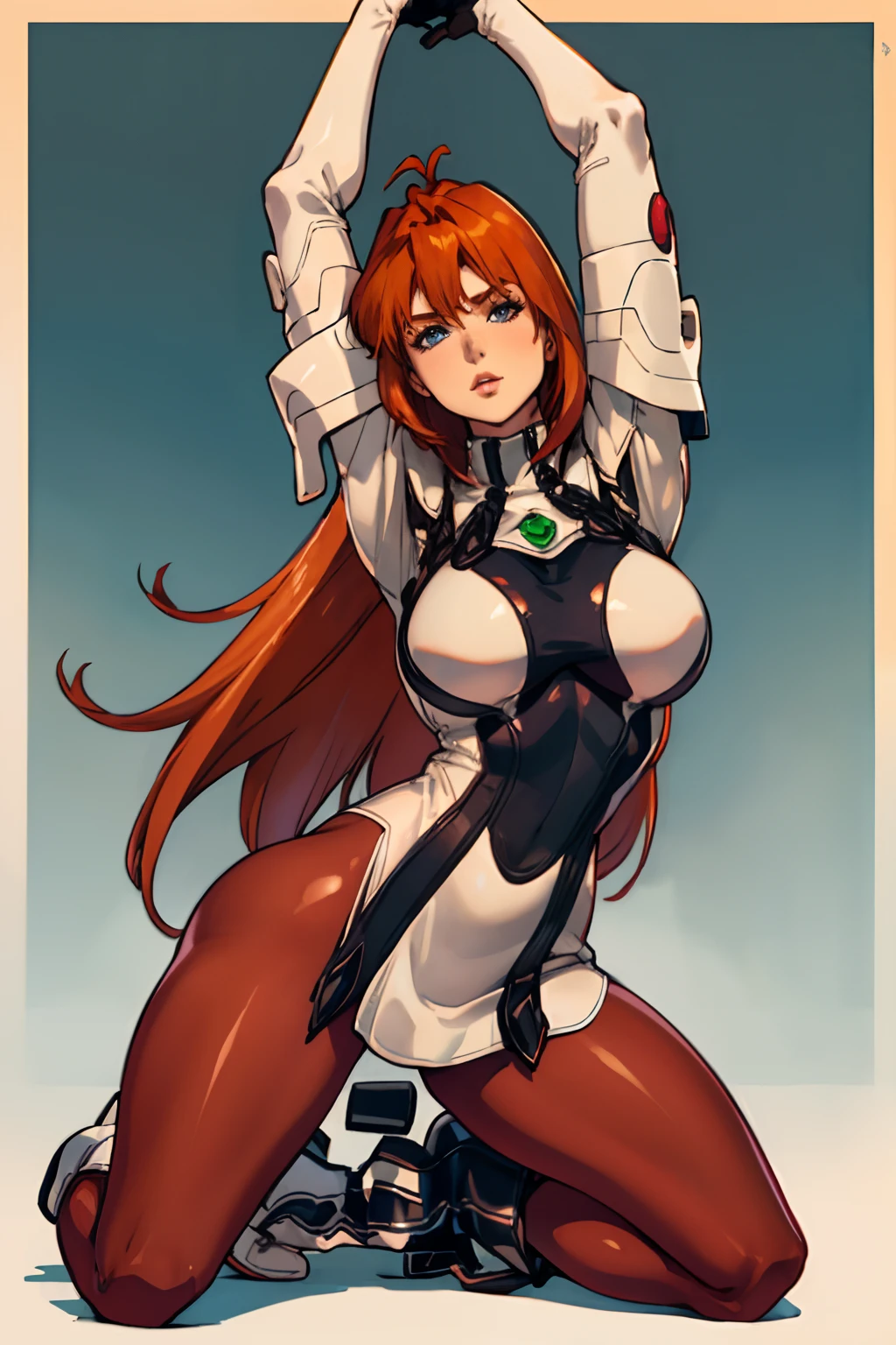 Elhaym von Houten, Uniform, Posing, Massive Breasts stretch the fabric of her uniform. Orange Hair, beautiful redhead hair. Gloves. Stockings. Pantyhose. Boots. Elhaym van Houten. (tight ass) (massive breasts)