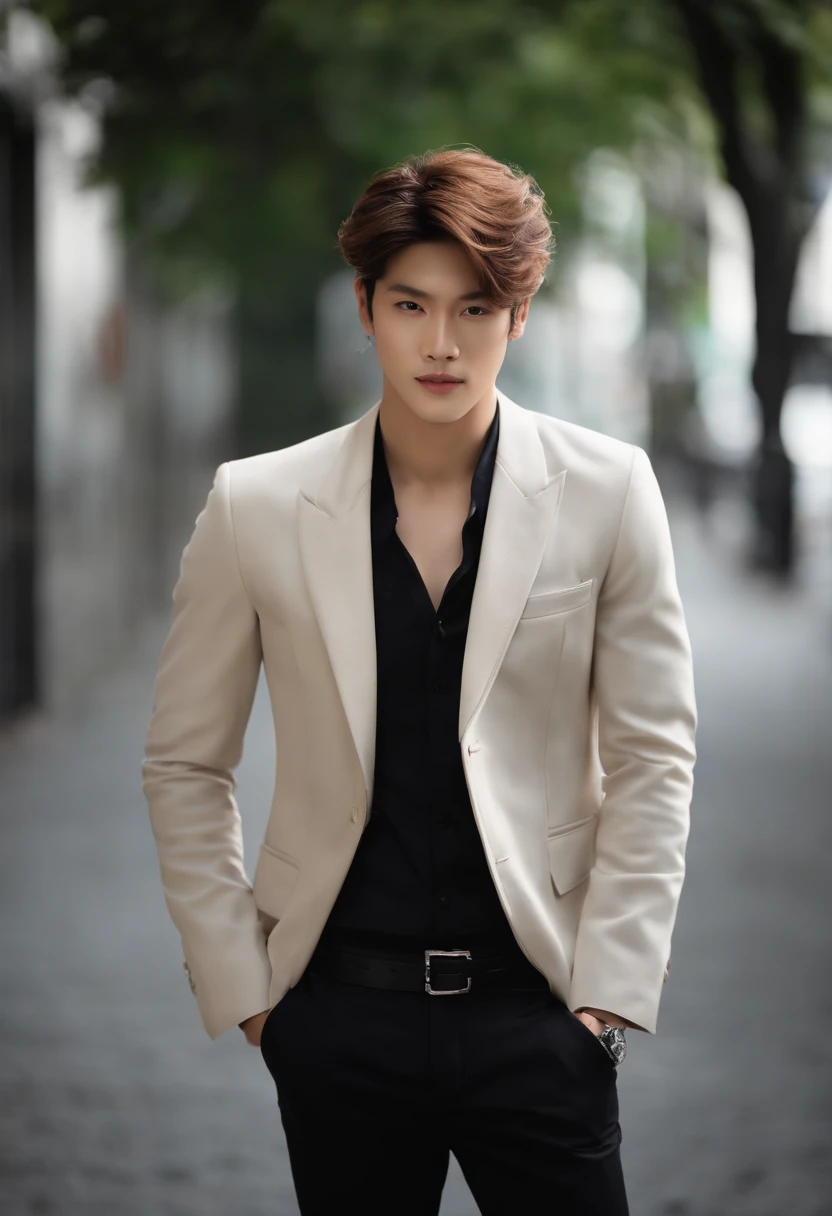 (Male:1.2) (Male model: 0.8), Masterpiece, Graphic, To generate an image of a male model that appeals to Japanese female fans of Johnny's entertainment, consider the following criteria: 【Criteria】 1. Expression: - The model should have a confident, captivating expression, preferably with a genuine smile. - Their eyes should be shining and their gaze focused, projecting a natural and engaging smile towards the camera. 2. Hairstyle: - The model should sport a stylish and trendy hairstyle. - Aim for a unique and well-groomed hairdo that represents their individuality. 3. Height: - Ideally, the model should possess a height that is considered attractive to most women (e.g., 175cm or taller). - They should have a tall and slim physique. 4. Fashion: - The model should showcase a keen sense of fashion that is on-trend and reflective of their personal style. - Choose outfits that are cool, stylish, and possess an element of uniqueness. 5. Location: - The background of the image should feature urban cityscapes, attractive landscapes, or settings that resemble where Johnny's idols typically perform or work (e.g., city streets, studios, backstage areas). - Utilize lighting and effects that enhance the overall atmosphere of the photo (e.g., a well-lit stage, dazzling city night views). Please generate an image that fulfills these criteria, simulating a charismatic Johnny's idol. like Fukushi Sota. If there is a specific model you'd like to use or any other specific instructions, please provide them.