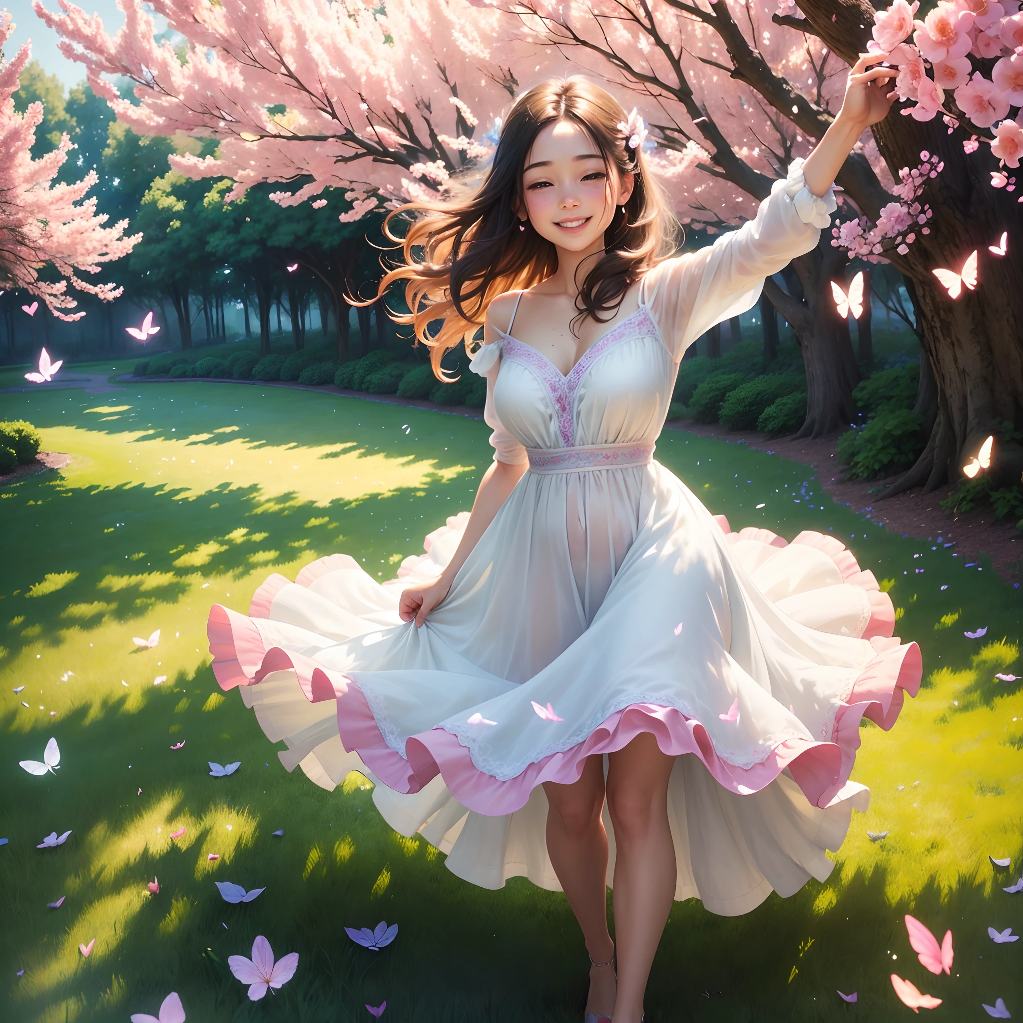 (highres,photorealistic:1.2),vibrant colors,optimistic atmosphere,a girl,ethereal beauty,painted smile,fresh blooming flowers,sunlit garden,lush greenery,soft sunlight streaming through the trees,happiness radiating from her face,delicate freckles,sparkling eyes,flowing dress dancing in the breeze,fantasy-like setting,playful energy,magical transformation,dreamy atmosphere,love-filled heart,romantic ambiance,scattered rainbow petals,evoking joy and love,warmth enveloping the scene,colorful butterflies fluttering around,whispers of romance,healed wounds,vivid blossoms painting the surroundings,inspiring hope and happiness,whispering secrets to the wind,cheerful melodies filling the air,revitalized spirit,serenity in chaos,endless possibilities,picturesque view,memories of laughter and joy,creative energy buzzing in the air,rekindled passion,cherished moments frozen in time