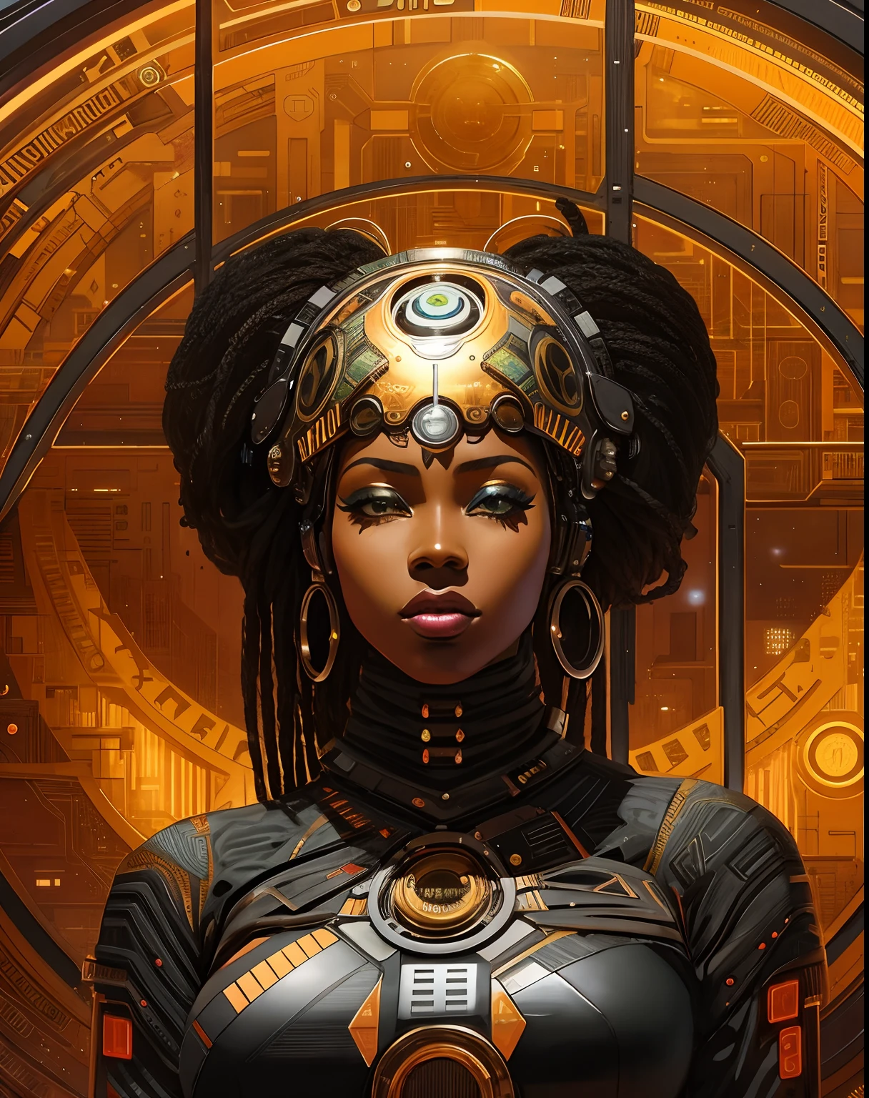 a close up of an ebony woman with a futuristic headpiece and a large clock, afrofuturism, greg beeple, afrofuturism style, afrofuturistic, rossdraws | afrofuturism, artgerm julie bell beeple, african cyberpunk wizards, afro futurism, african female android, by Johfra Bosschart, afro futuristic, cyberpunk women, artgerm craig mullins