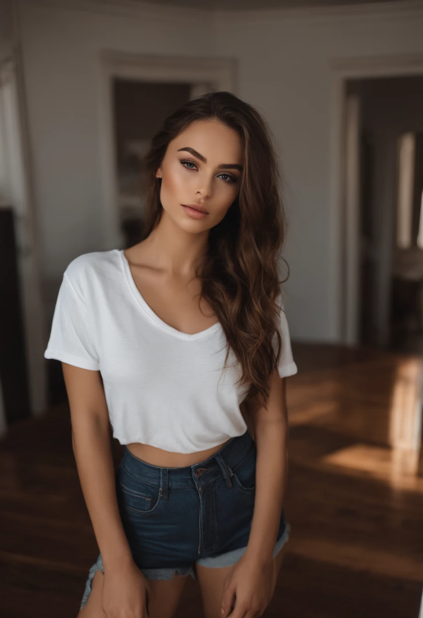 Arafed woman with tshirt and shorts, fille sexy aux yeux bruns, Portrait Sophie Mudd, cheveux bruns et grands yeux, selfie of a young woman, Yeux de chambre, Violet Myers, sans maquillage, maquillage naturel, looking straight at camera, Visage avec Artgram, Maquillage subtil, Great photo in the mirror, dans la chambre, Medium to large bust, sexy ; ;nu