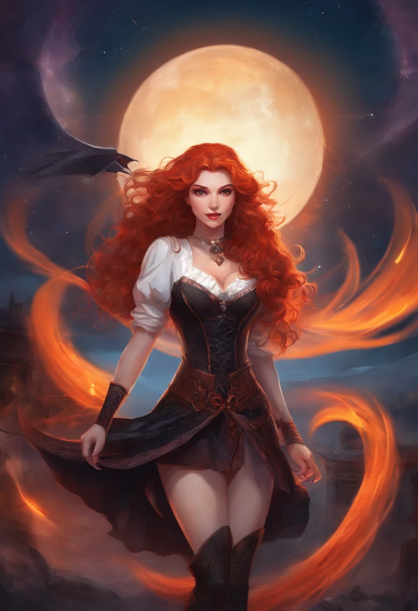 A cute vampire girl with Long curly red hair, vampire fangs, pale skin, big breasts, and red and orange glowing eyes. She is wearing a very short black skirt and a tight black t-shirt that shows off her cleavage. She isn't wearing a bra or panties. There is a moon in the background. Realistic.