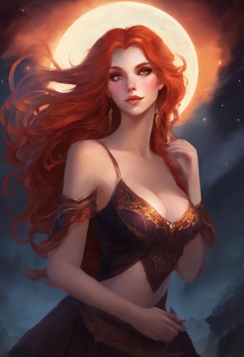 A cute vampire girl with Long curly red hair, vampire fangs, pale skin, big breasts, and red and orange glowing eyes. She is wearing a very short black skirt and a tight black t-shirt that shows off her cleavage. She isn't wearing a bra or panties. There is a moon in the background. Realistic.