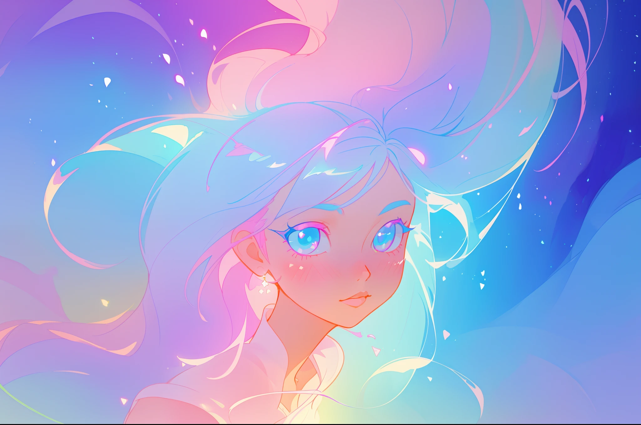 beautiful girl, vibrant pastel colors, vibrant pastel colors, flowing white dress(colorful), magical lights, long flowing colorful hair, inspired by Glen Keane, inspired by Lois van Baarle, disney art style, by Lois van Baarle, glowing aura around her, by Glen Keane, jen bartel, glowing lights! digital painting, flowing glowing hair, glowing flowing hair, beautiful digital illustration, fantasia background, whimsical, magical, fantasy, beautiful face, ((masterpiece, best quality)), intricate details, highly detailed, sharp focus, 8k resolution, sparkling detailed eyes, liquid watercolor