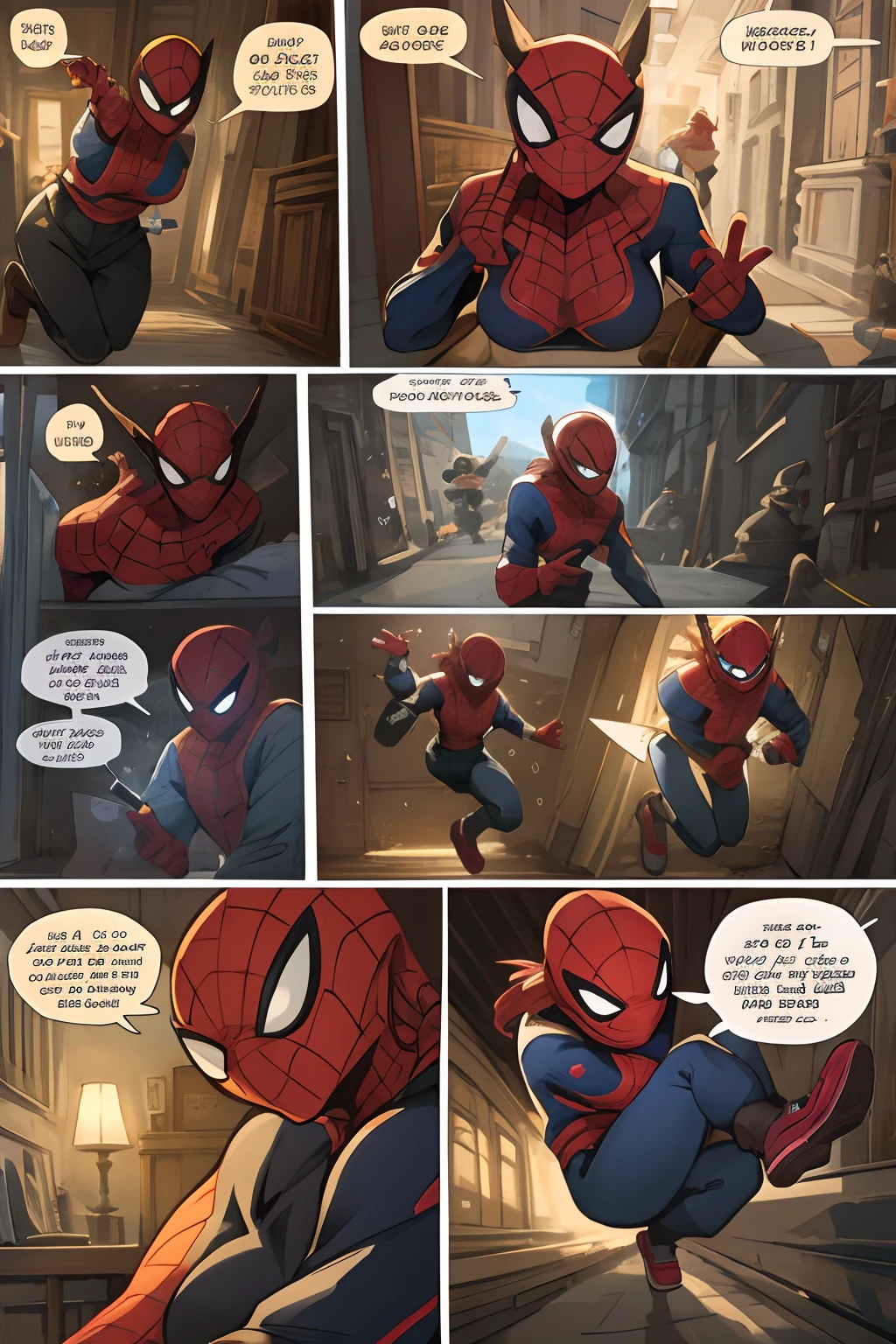 top quality, best quality, highres, masterpiece, super high resolution, detailed background, Casual reutaurant interior, part-time job, spiderman, absurdres(highly detailed beautiful face and eyes)perfect anatomy, good lighting, cinematic shadow, assorted expressions, assorted poses, assorted angles, full body, upper shot, dynamic angle(girls comic-like panel layouts, speech balloon, English text, Hand-drawn sound effects stickers used in girls comic), breast expansion