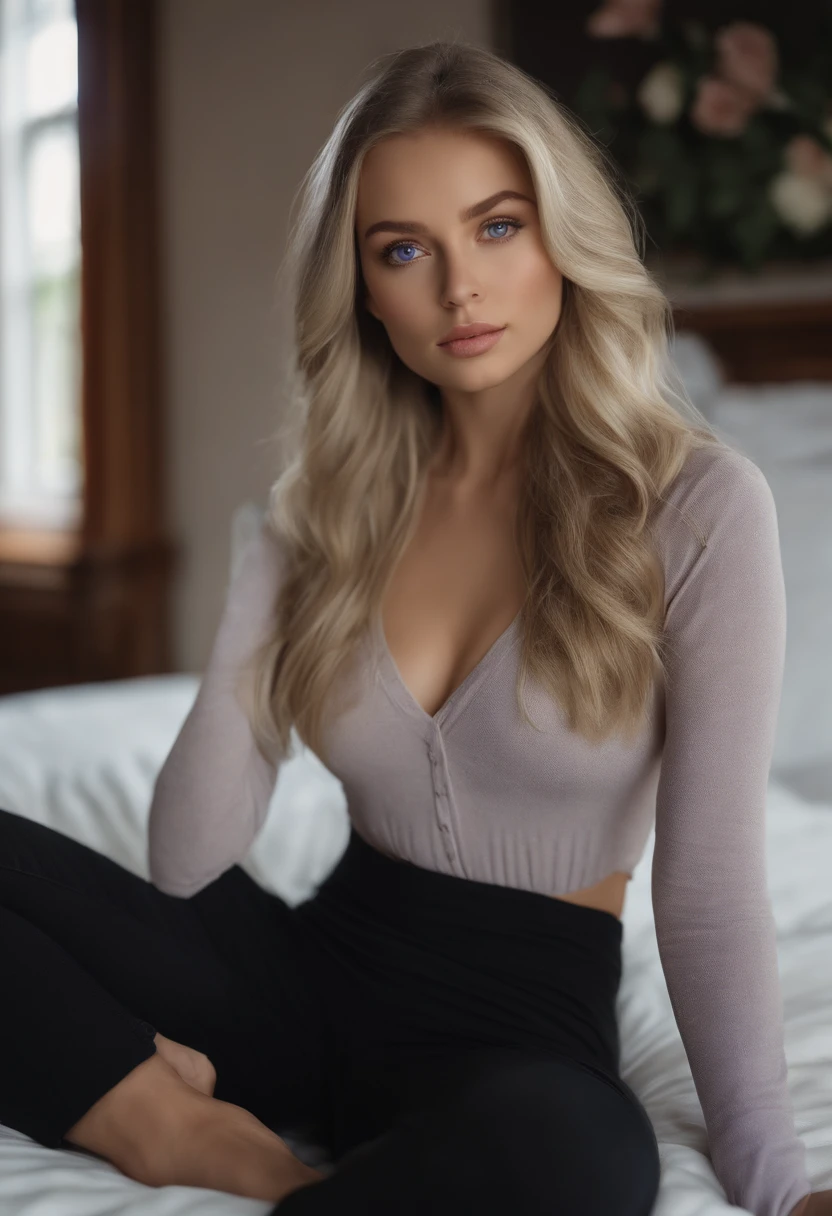 arafed woman fully , sexy girl with blue eyes, ultra realistic, meticulously detailed, portrait sophie mudd, blonde hair and large eyes, selfie of a young woman, bedroom eyes, violet myers, without makeup, natural makeup, looking directly at the camera, face with artgram, subtle makeup, stunning full body shot kneeling on bed, in bedroom, medium to large size bust; ; ;naked