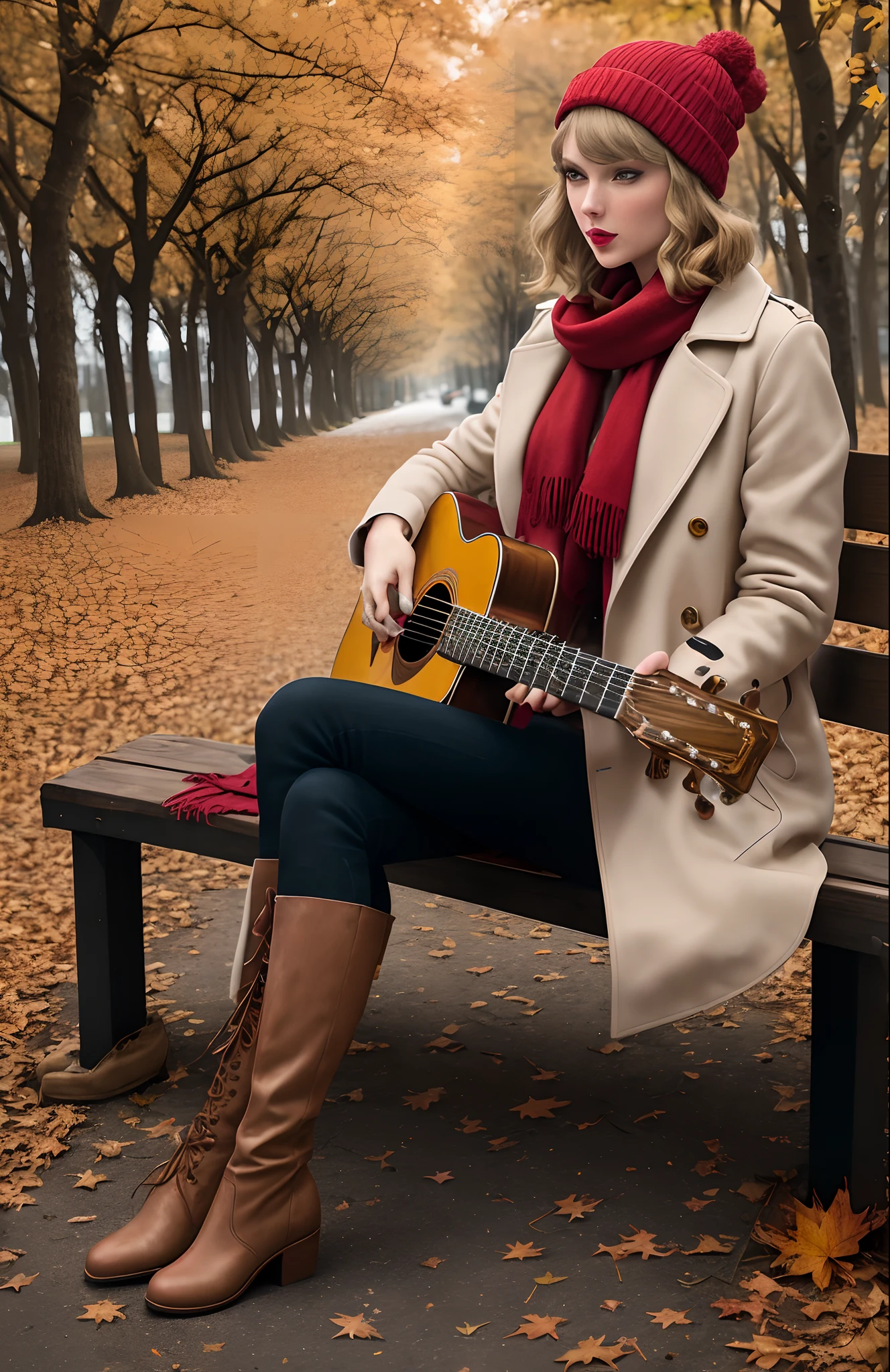 Taylor Swift, hyper realistic 8k, perfect anatomy, trail leading endlessly into red and yellow autumn leaves, she’s wearing a red beanie and a red scarf and a beige long coat and calf high boots. She’s sitting on a wooden bench and playing a guitar