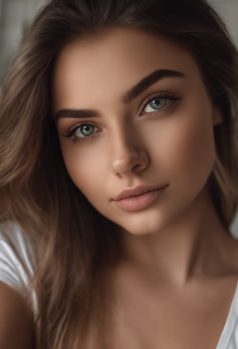 Arafed woman with tshirt and shorts, fille sexy aux yeux bruns, Portrait Sophie Mudd, cheveux bruns et grands yeux, selfie of a young woman, Yeux de chambre, Violet Myers, sans maquillage, maquillage naturel, looking straight at camera, Visage avec Artgram, Maquillage subtil, Great photo in the mirror, dans la chambre, Medium to large bust, sexy ; ;nu