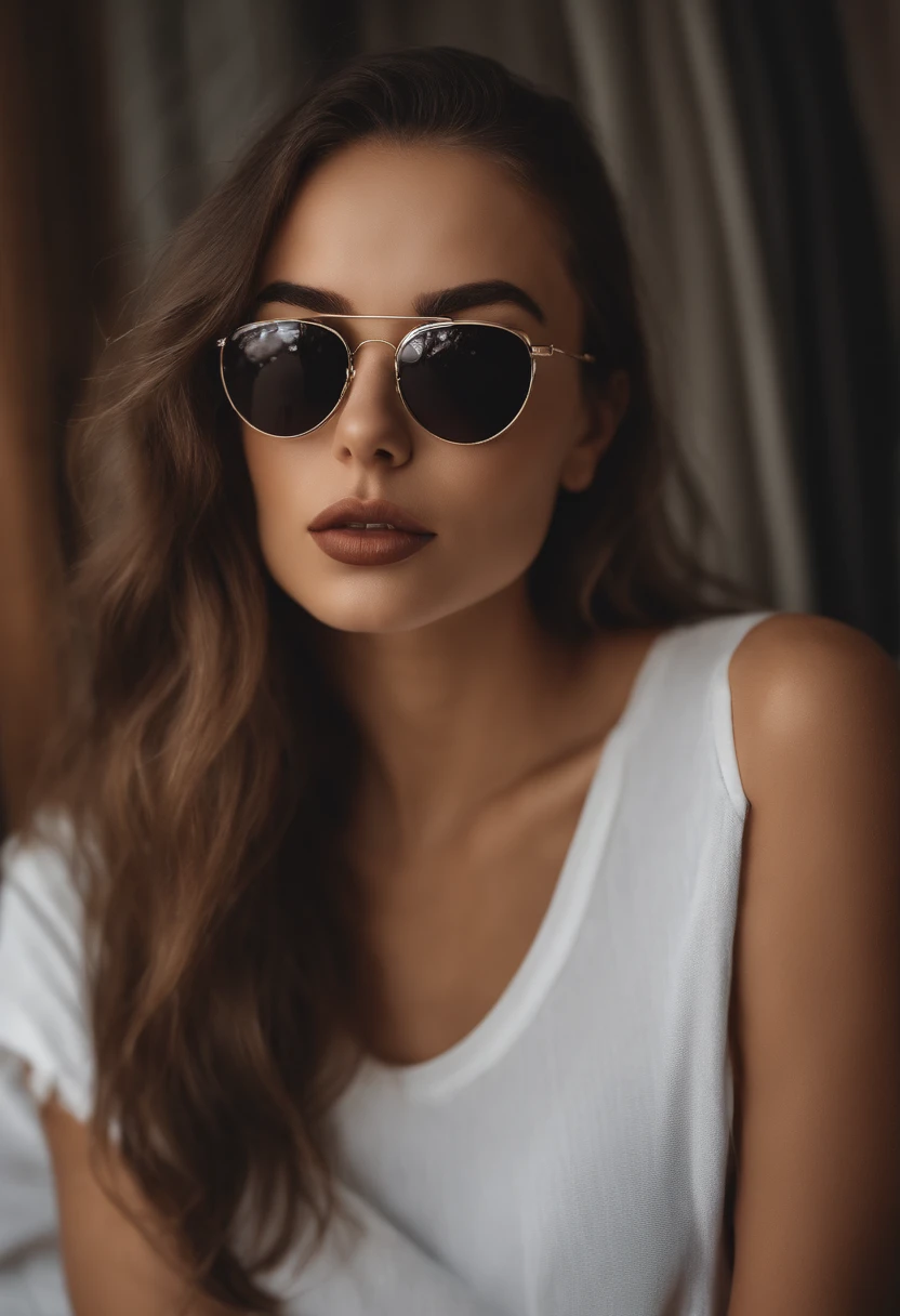 Arafed woman with tshirt and shorts and sunglasses, fille sexy aux yeux bruns, Portrait Sophie Mudd, cheveux bruns et grands yeux, selfie of a young woman, Yeux de chambre, Violet Myers, sans maquillage, maquillage naturel, looking straight at camera, Visage avec Artgram, Maquillage subtil, Great photo in the mirror, dans la chambre, Medium to large bust, sexy ; ;nu