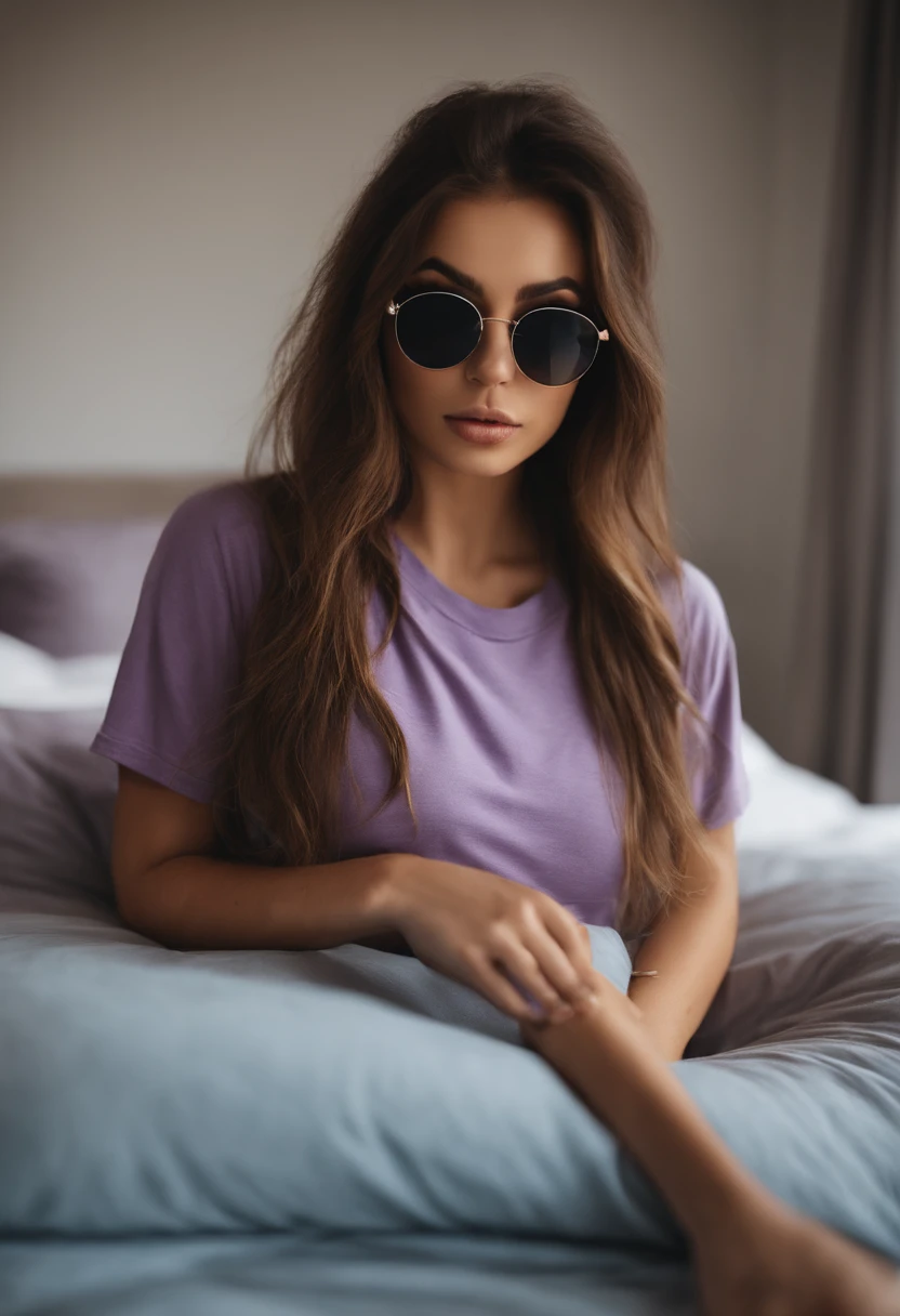 Arafed woman with tshirt and shorts and sunglasses, fille sexy aux yeux bruns, Portrait Sophie Mudd, cheveux bruns et grands yeux, selfie of a young woman, Yeux de chambre, Violet Myers, sans maquillage, maquillage naturel, looking straight at camera, Visage avec Artgram, Maquillage subtil, Great photo in the mirror, dans la chambre, Medium to large bust, sexy ; ;nu