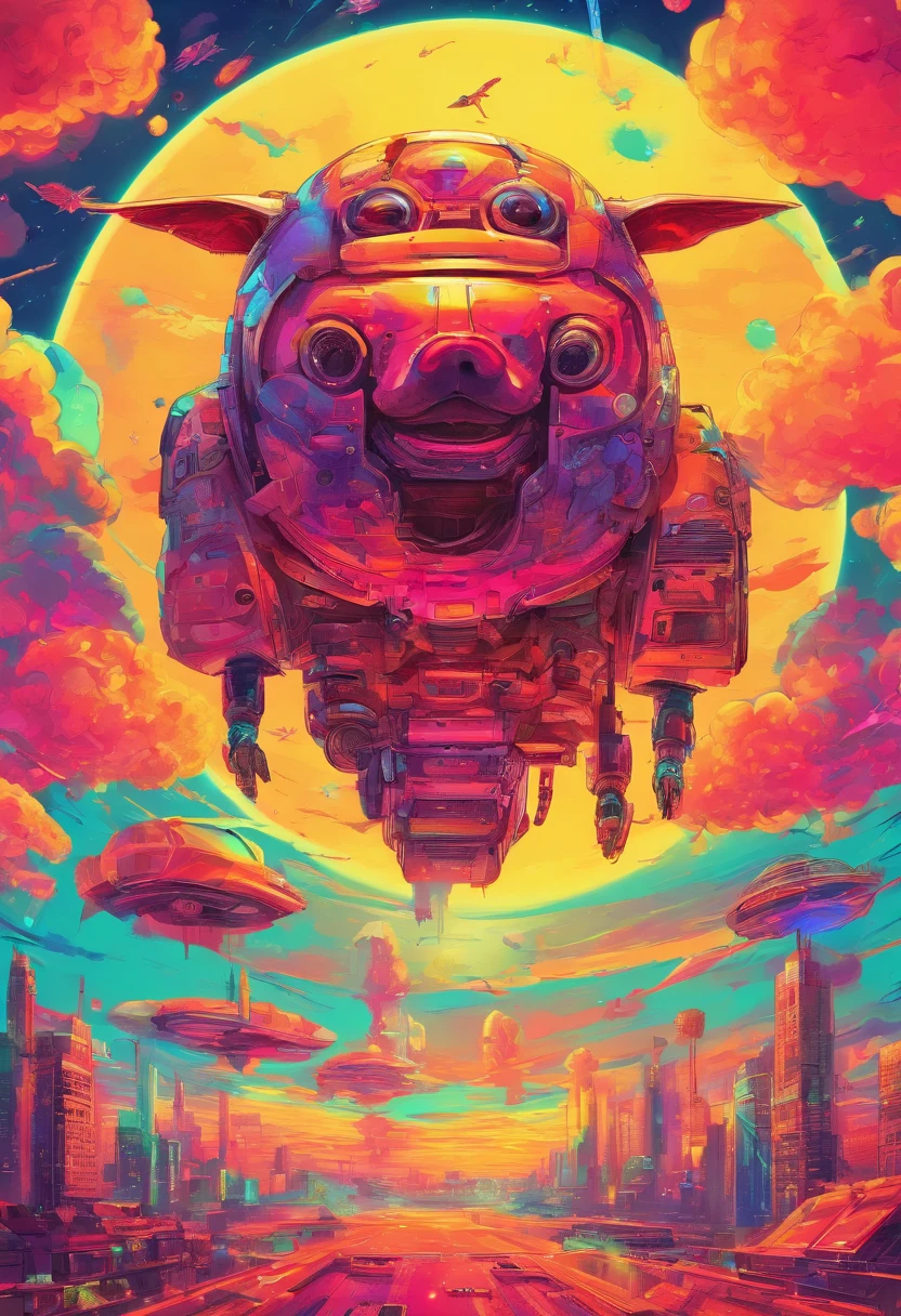 A pig flies in the sky,pigs ,​​clouds,Brilliant colors,Colorful,Wings,Young and energetic,Flying ham,Flying pigs ,Look up,Master composition,hyper HD, Masterpiece, Super detail, High details, High quality, Award-Awarded, Best quality, A high resolution, 8K