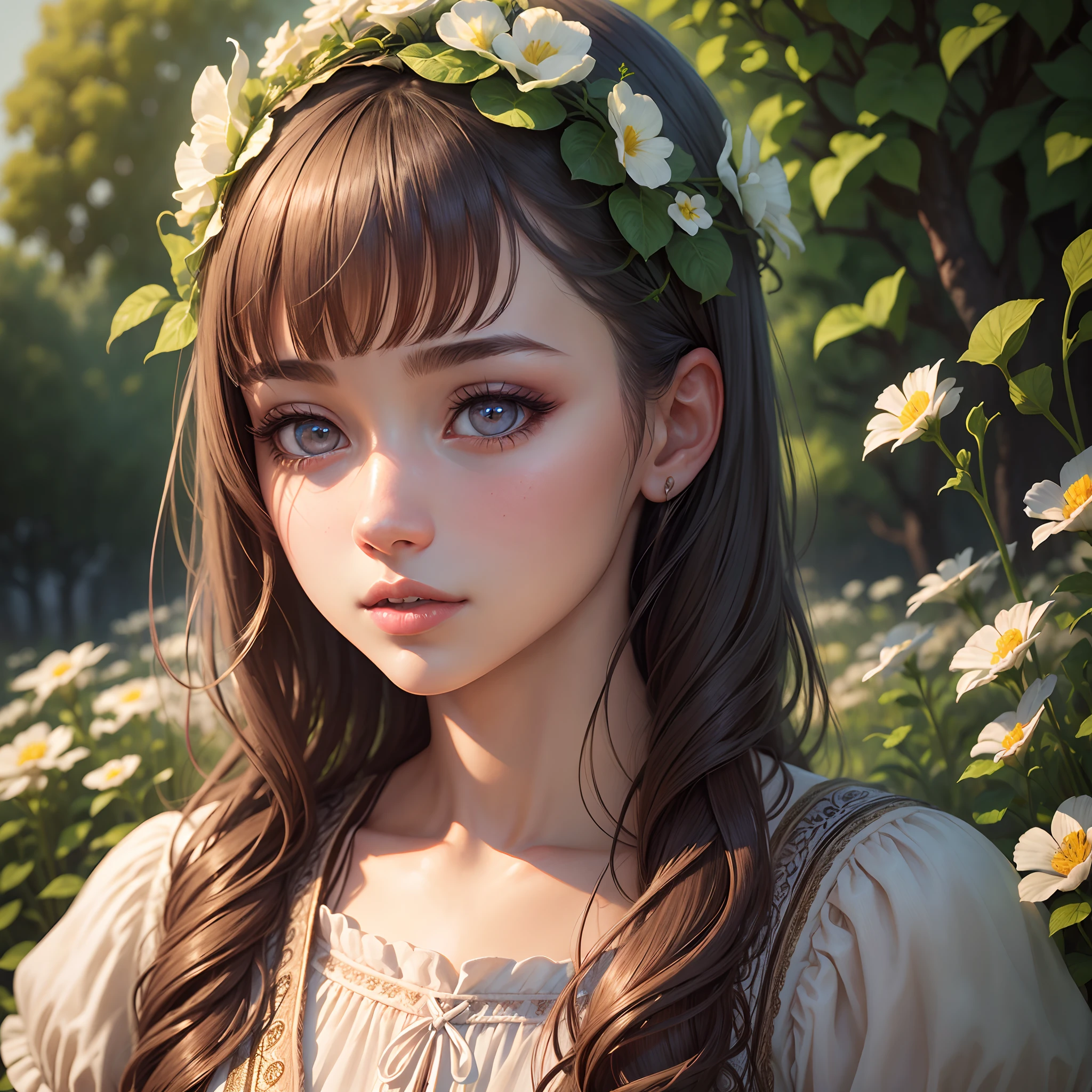 Real portrait, In the forest, the girl is surrounded by flowers, her hair shining in the sunlight, Smile, soft, brightcolors film,Koda --auto --s2