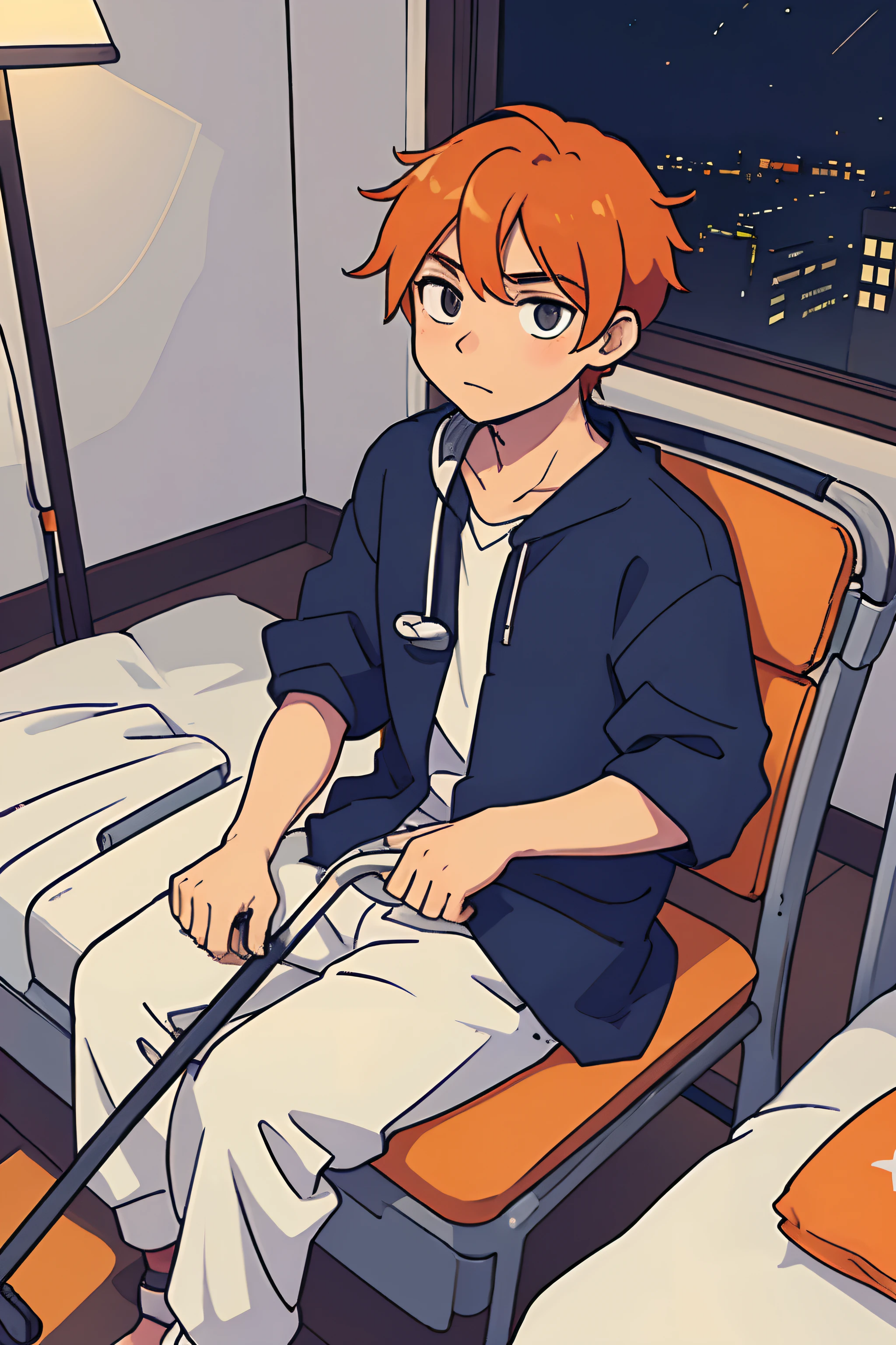 Man on crutches, admitted to a hospital (Good quality) anime style art, cute appearance, orange hair, while sitting in his bed alone at night