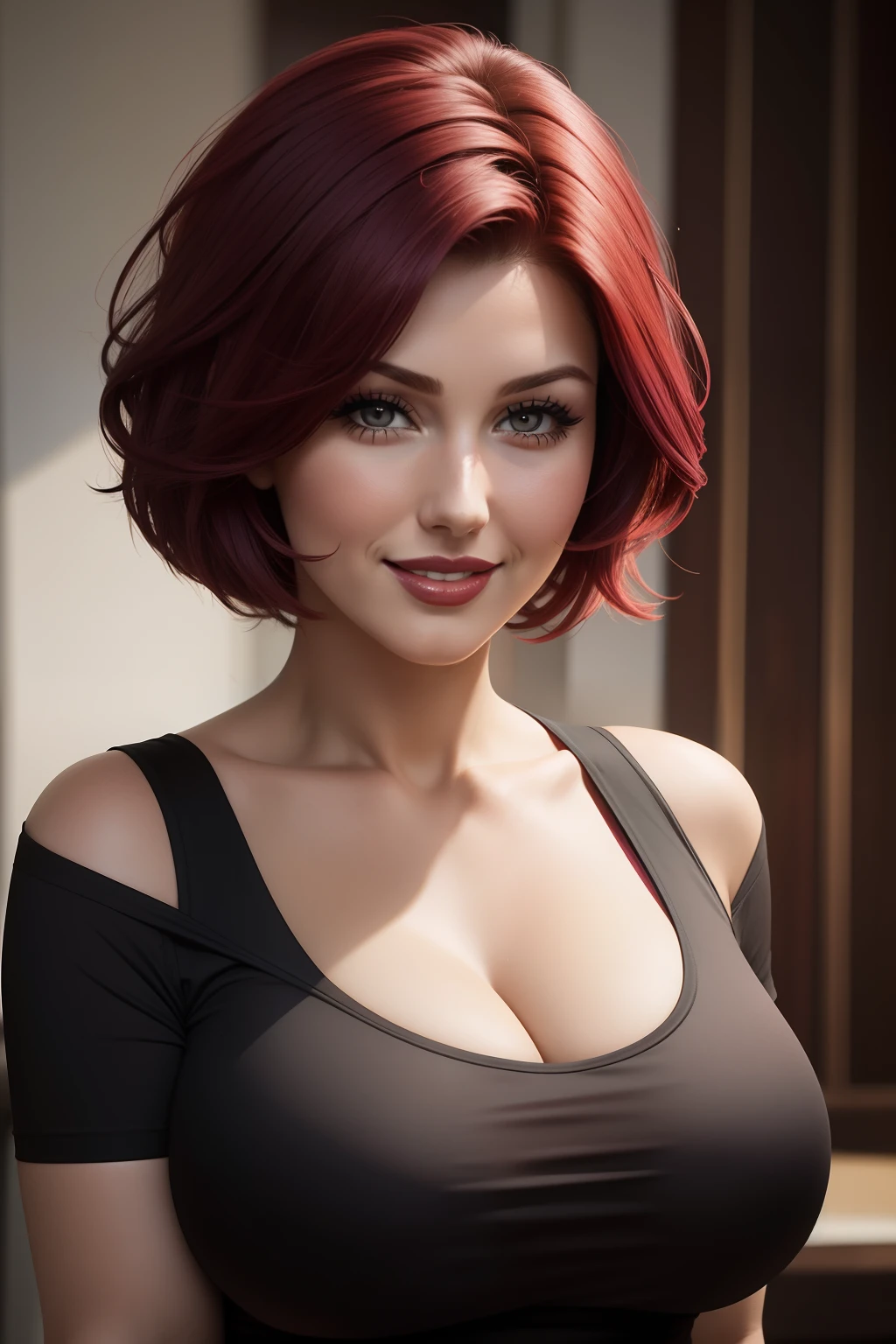 Photorealistic Image of Gorgeous British Vampire Woman with Proportional Body, Short Bob Red Hair, Pale Skin, Serious Face, Deep Cleavage, White V-Neck Tank-Top and Black Tight Long Pants, Bedroom Window, Centered, Waist-up Shot, From Above Shot, Insane Details, Intricate Face Detail, Intricate Hand Details, Cinematic Shot and Lighting, Realistic Colors, Masterpiece, Sharp Focus, Ultra Detailed, Taken with DSLR camera, Realistic Photography, Depth of Field, Incredibly Realistic Environment and Scene, Master Composition and Cinematography