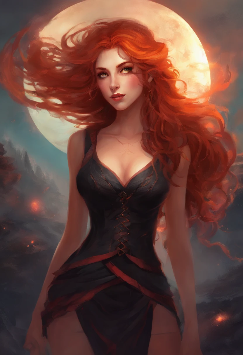 A cute vampire girl with Long curly red hair, vampire fangs, pale skin, big breasts, and red and orange glowing eyes. She is wearing a very short black skirt and a tight black t-shirt that shows off her cleavage. She isn't wearing a bra or panties. There is a moon in the background. Realistic.
