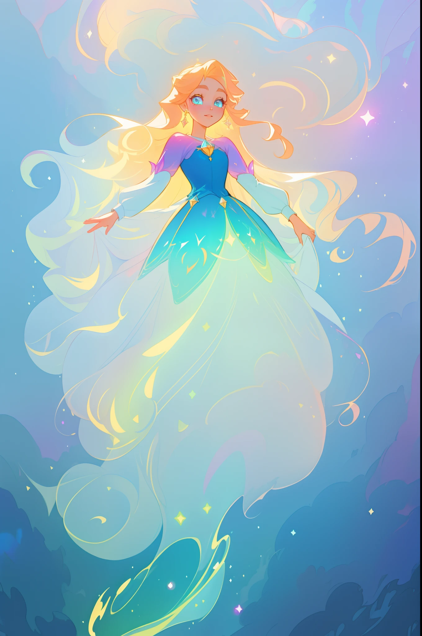 beautiful girl, puffy tiered princess ballgown with puffy long sleeves, vibrant pastel colors, (colorful), glowing golden long hair, magical lights, sparkling magical liquid, inspired by Glen Keane, inspired by Lois van Baarle, disney art style, by Lois van Baarle, glowing aura around her, by Glen Keane, jen bartel, glowing lights! digital painting, flowing glowing hair, glowing flowing hair, beautiful digital illustration, fantasia background, whimsical, magical, fantasy, ((beautiful face)), ((masterpiece, best quality)), intricate details, highly detailed, sharp focus, 8k resolution, sparkling detailed eyes, liquid watercolor