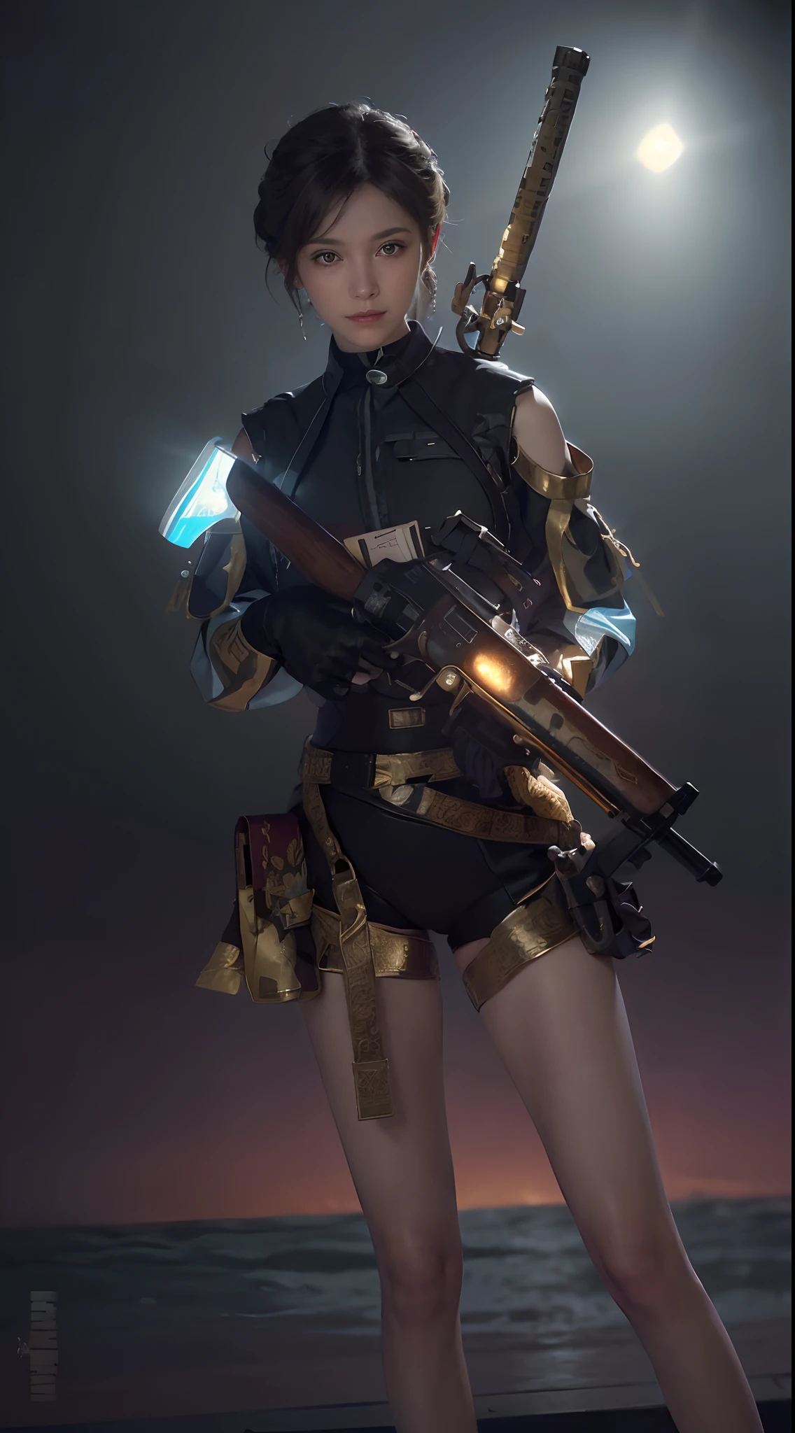 (front focus), (in the dark:1.6), Hyperrealist portrait of female by david hockney and alphonse mucha, fantasy art, photo realistic, dynamic lighting, artstation, poster, volumetric lighting, very detailed faces, 4 k, award winning, 1girl, in the dark, deep shadow, low key, cowboy shot, (official clothing:1.4), long hair, white hair