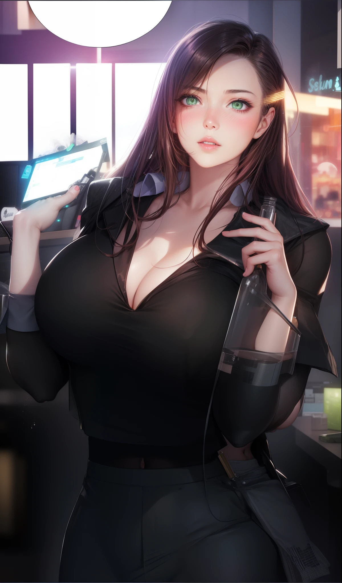 realistic, 1girl, green eyes, glowing eyes, crop top, skirt, parted lips, blush, night, sun, sunlight, office shirt.