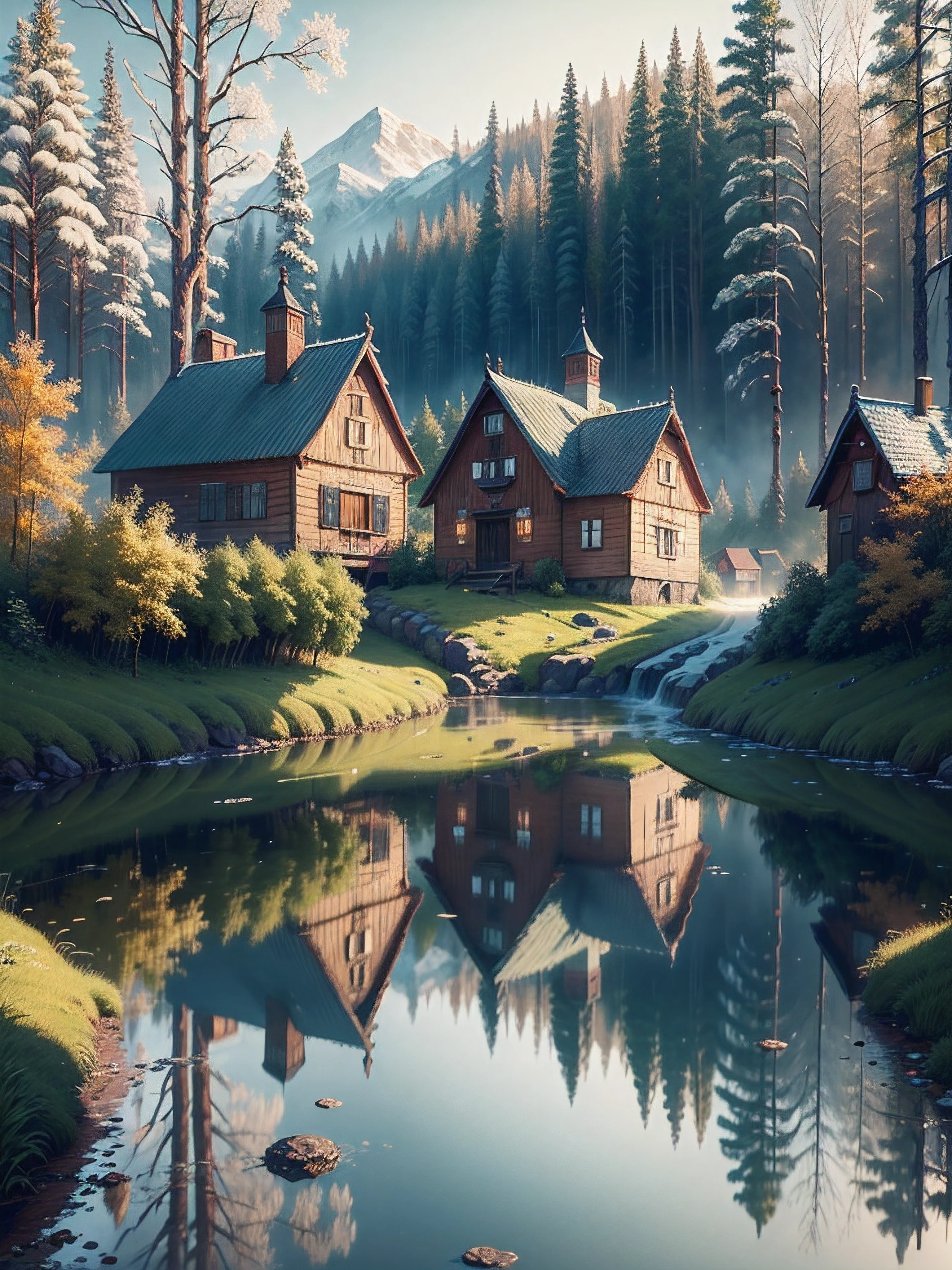 Russia, village, terema, wooden houses, cars, pond, fairy tale A mesmerizing ultra HD painting has been crafted, showcasing a mesmerizing display of details, such as hoarfrost and pearl sunlight, an iced river in forest, and even an inkwell and ink quill hidden in the midst of dense foliage. This fantasy artwork is a fantastic view with crisp quality and beautiful, colorful flowers. The award-winning painting brings back memories of nature's overgrown beauty, and its sharp focus and perfect composition make it look like a realistic photo. This piece of artwork is an exceptional combination of gentle and realistic 3D cinematography enhanced by top-notch concept art, resulting in an incredibly detailed and trending Art Station render with 8k photography.