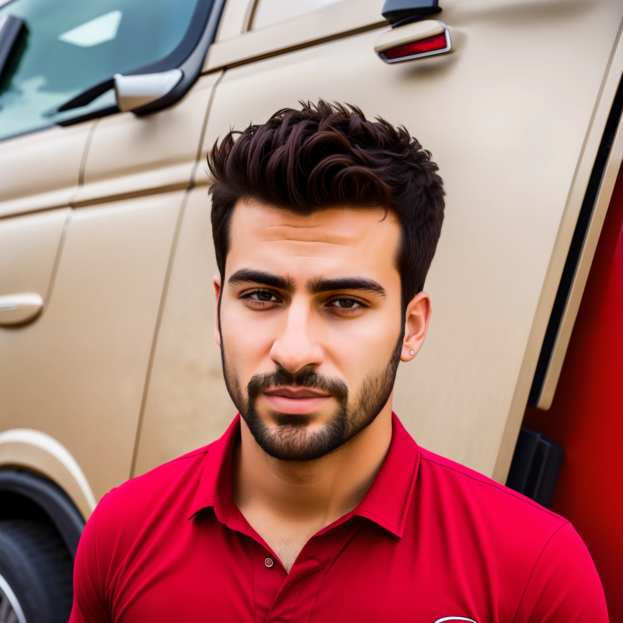 arafed man in red shirt standing in front of a truck, front profile!!!!, good looking face, with accurate face, 8k selfie photograph, uploaded, very very low quality picture, taken with sony alpha 9, very artistic pose, very accurate photo, harsh good looking face, with a small beard, portait photo profile picture, around 1 9 years old