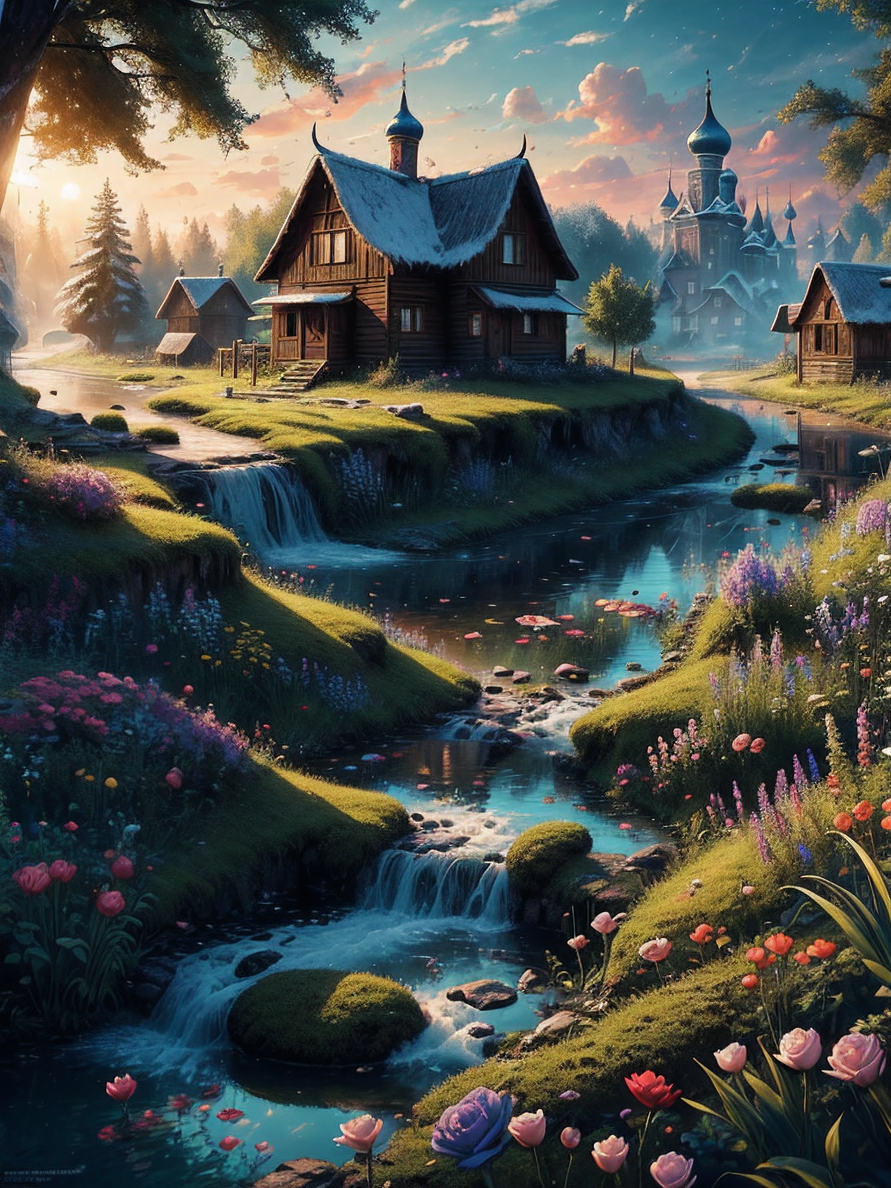 Russia, village, terema, wooden houses, cars, pond, fairy tale A mesmerizing ultra HD painting has been crafted, showcasing a mesmerizing display of details, such as hoarfrost and pearl sunlight, an iced river in forest, and even an inkwell and ink quill hidden in the midst of dense foliage. This fantasy artwork is a fantastic view with crisp quality and beautiful, colorful flowers. The award-winning painting brings back memories of nature's overgrown beauty, and its sharp focus and perfect composition make it look like a realistic photo. This piece of artwork is an exceptional combination of gentle and realistic 3D cinematography enhanced by top-notch concept art, resulting in an incredibly detailed and trending Art Station render with 8k photography.