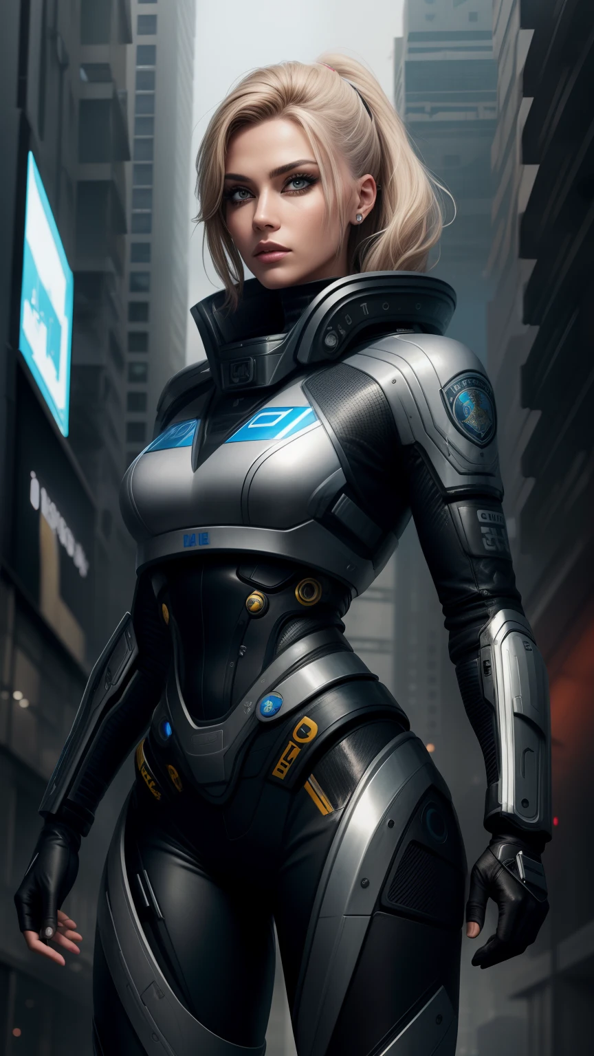 female cyborg police woman, urban future