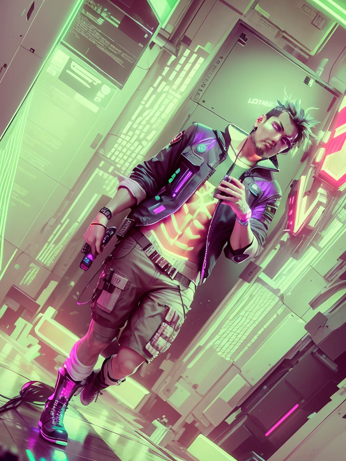 Man, cyberpunk, ultra realistic, long neon lights on background