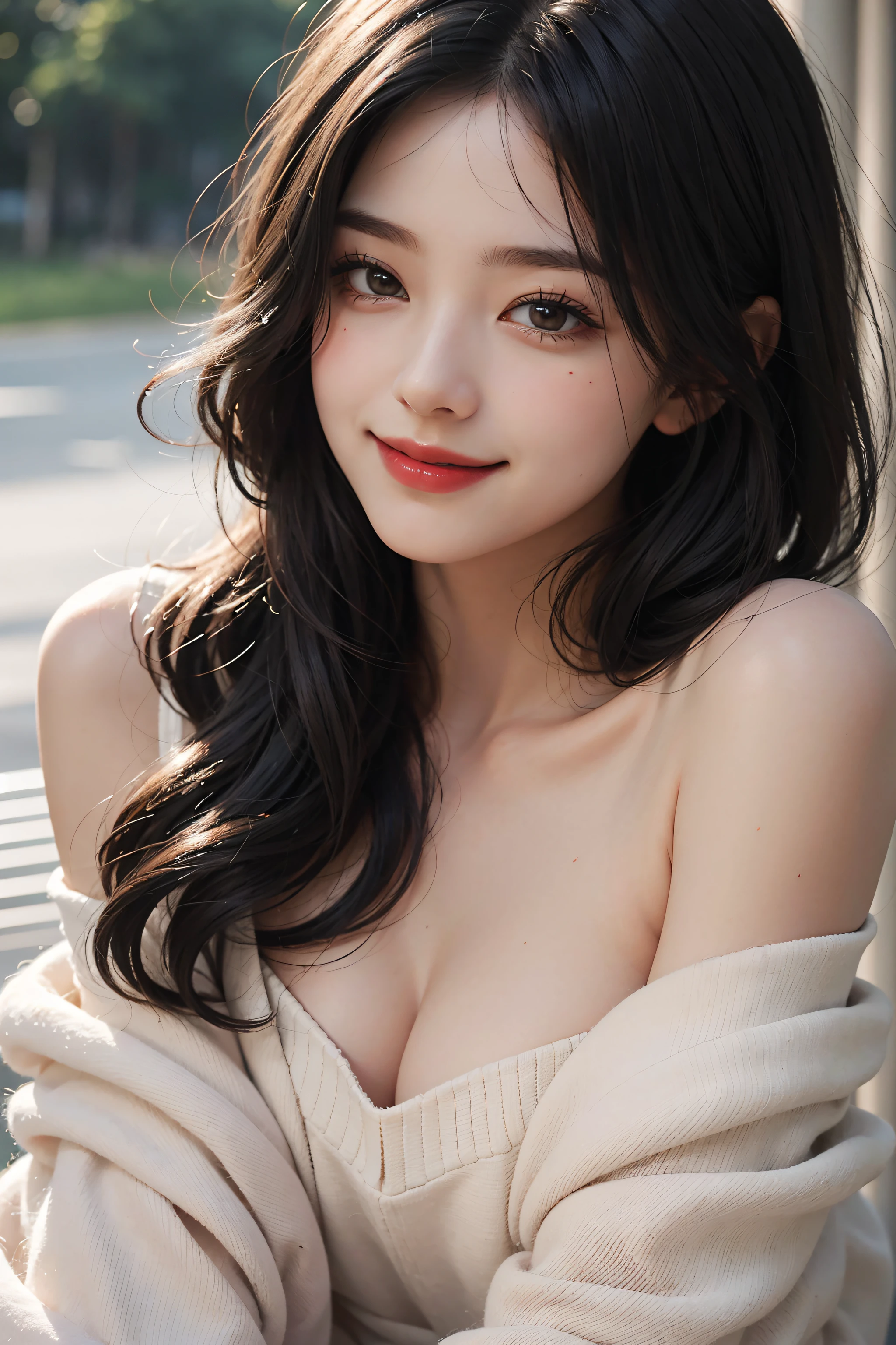 best quality, masterpiece, ultra high res, RAW, 8k, ultra-realistic, young girl, offshoulder, smile, soft lighting, detailed skin, (black hair:1.4), red lipstick, hand on cheek, Sakura Background