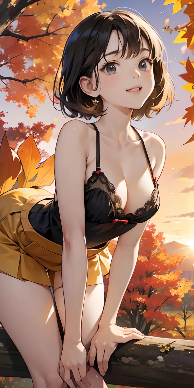 realisticlying、( female child)、Outdoshion、Emphasis on backward buttocks、Dynamic close-up looking up from under a ginkgo tree、Beautiful autumn leaves、Slightly larger breasts with an emphasis on cleavage、Versatile sexy poses、The sky turns red at sunset、Face smile
