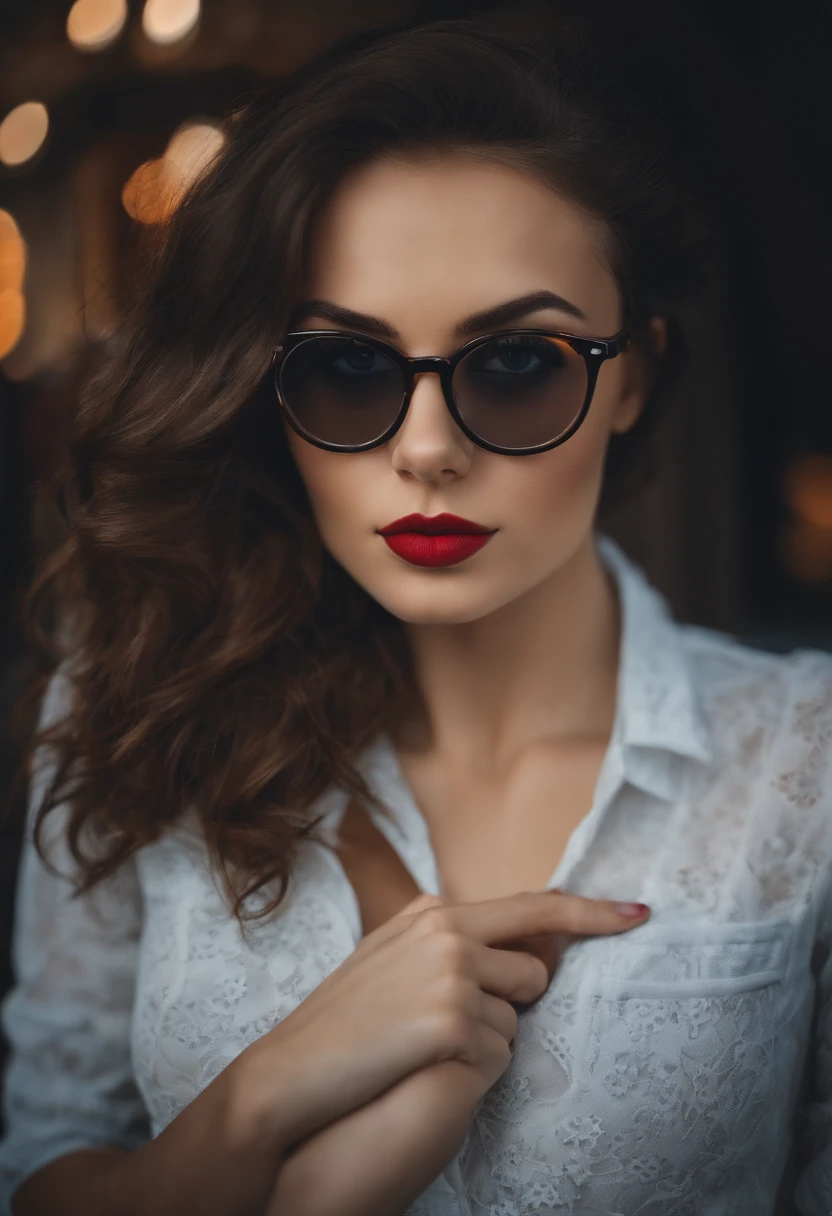 white brunette girl, nerdy glasses, hot body, selfie, Portrait Antonia, great photo of the young woman, medium to large bust, showing her butt
