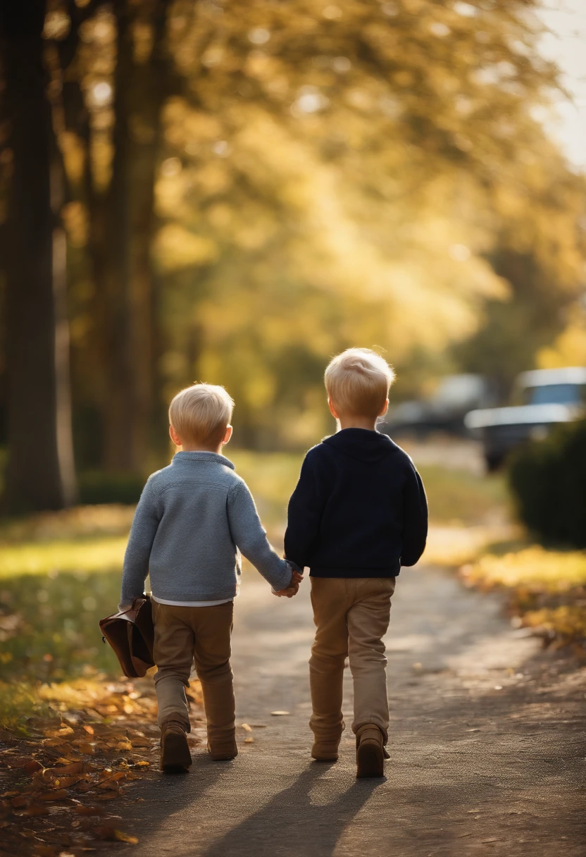 Two small blonde boy walking over to a park