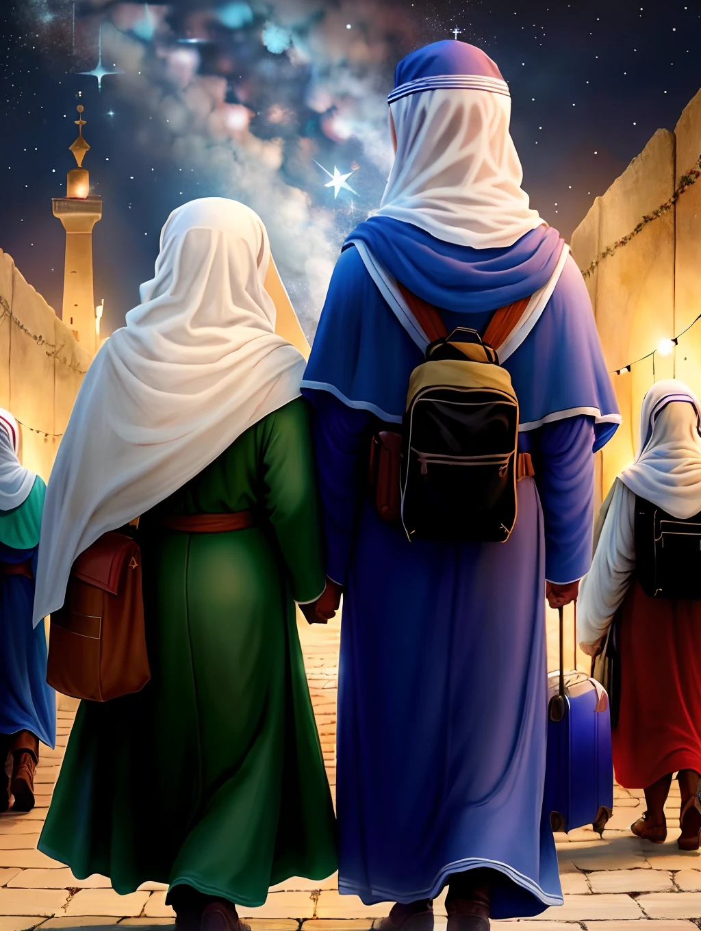 Mary and Joseph traveling together to Bethlehem, com ela montada em um jumento, while the star of Bethlehem shines in the sky.