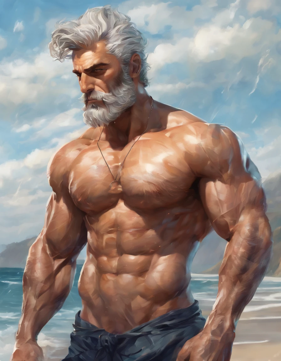 (best quality, highres, ultra-detailed), intense, aged, white-bearded, old man, fierce expression, piercing eyes, wrinkles, weathered skin, strong jawline, determined stare, furrowed eyebrows, commanding presence, rugged features, wisdom, experience, resilience, character, powerful aura, forehead creases, strong-willed, silver hair, aged with grace sexy, sensual, a gay bear, mega muscle, hyper muscle, masculine appearance, mature male, handsome, jockstraps only, shirtless, , Beautiful muscles, complex and elegant, highly detailed digital painting, anime style art, art station, concept art, top quality, masterpiece, ultra high definition, detailed background, realistic figure, muscular man, long beard, muscle, long facial hair, volumetric lighting, depth of field, smooth and sharp focus, illustration, art, string bite, trimmed light blue hair, muscles, navel, muscles, male, light blue pupils, heart in the eyes, drooping eyes, gay, hyper muscles, male focus, muscles male, yaoi, muscles, buttocks, pectoral muscles, large pectoral muscles, thick quadriceps, thighs, wet body, heat and steam emanating from the body, sweating, drenched, crotch, big back, showing back, showing ass, upper class, shiny oiled skin. Paint a digital scene from the POV of lounging on the beach beside a sexy, muscular man. Capture the relaxed atmosphere, warmth of the sun, and the allure of the surroundings. NSFW, Depict the model in a serene, aquatic setting. Emphasize the elegance of the figure submerged in earthy color, with ripples and reflections. show naked butt