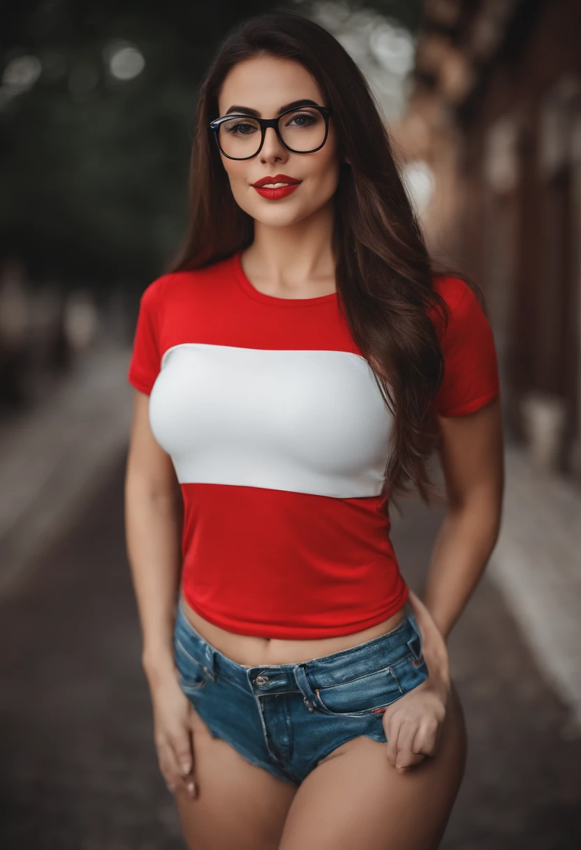 white brunette girl in a red tight tshirt and black panties, nerdy glasses, hot body, selfie, Portrait Antonia, great photo of the young woman, medium to large bust, showing her butt