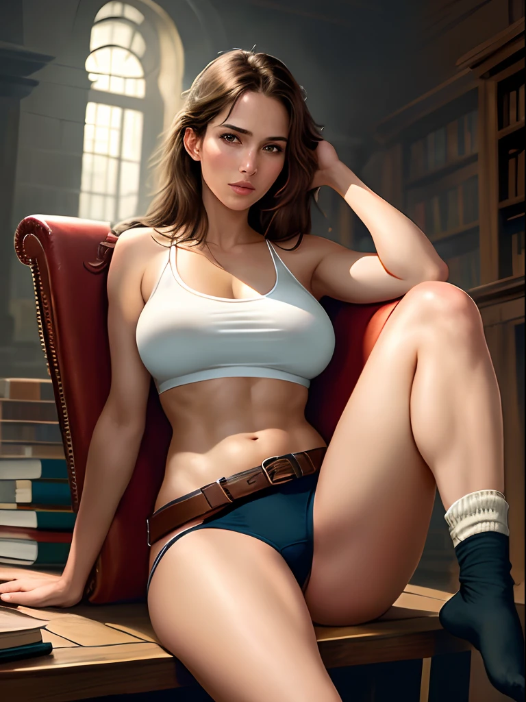 Lara Croft in the library of Croft Manor, reading a book. Lara is sitting on a cozy chair, only wearing socks, white panties and a worn out loose shirt, its strap has slipped over the shoulder. Her brown long hair is loose and one leg is resting on the big wooden desk. masterpiece, best quality, female, beautiful, professional photography, 24mm, 4k, cinematic light, photo RAW, elegant, ultra realistic, full body, most beautiful face, full lips, big tits, nsfw, perfect boobs