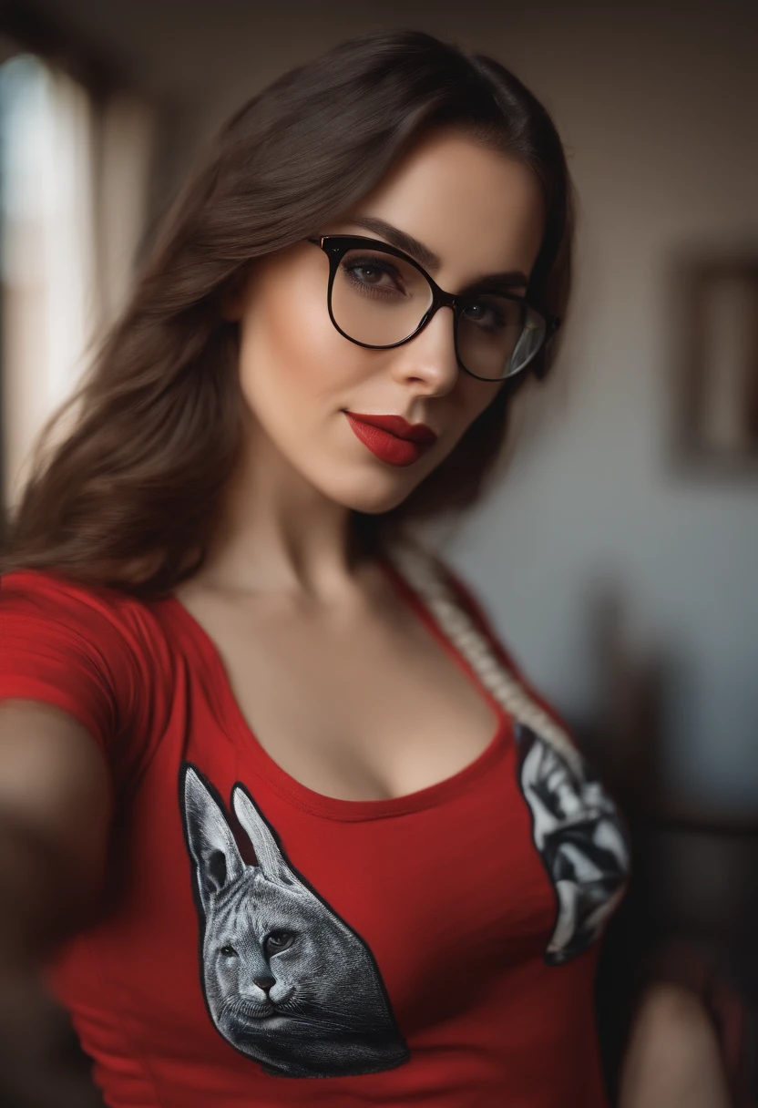 (best quality,4k,8k,highres,masterpiece:1.2),ultra-detailed,(realistic,photorealistic,photo-realistic:1.37),
(A girl:1.1) with (white brunette hair), wearing a (red tight T-shirt) and (black panties), (nerdy glasses) on her face. She has a (hot body), and she is taking a (selfie) with her phone. This is a (portrait) of (Antonia), a young woman with (great) (photo) (quality). She has (medium to large bust) and is (showing her butt). Her (small eyes) add a unique charm to her face. The overall (lighting) of the image is (vivid), enhancing the (color) and (details) of her features. The (medium) used to create this artwork is (photography).