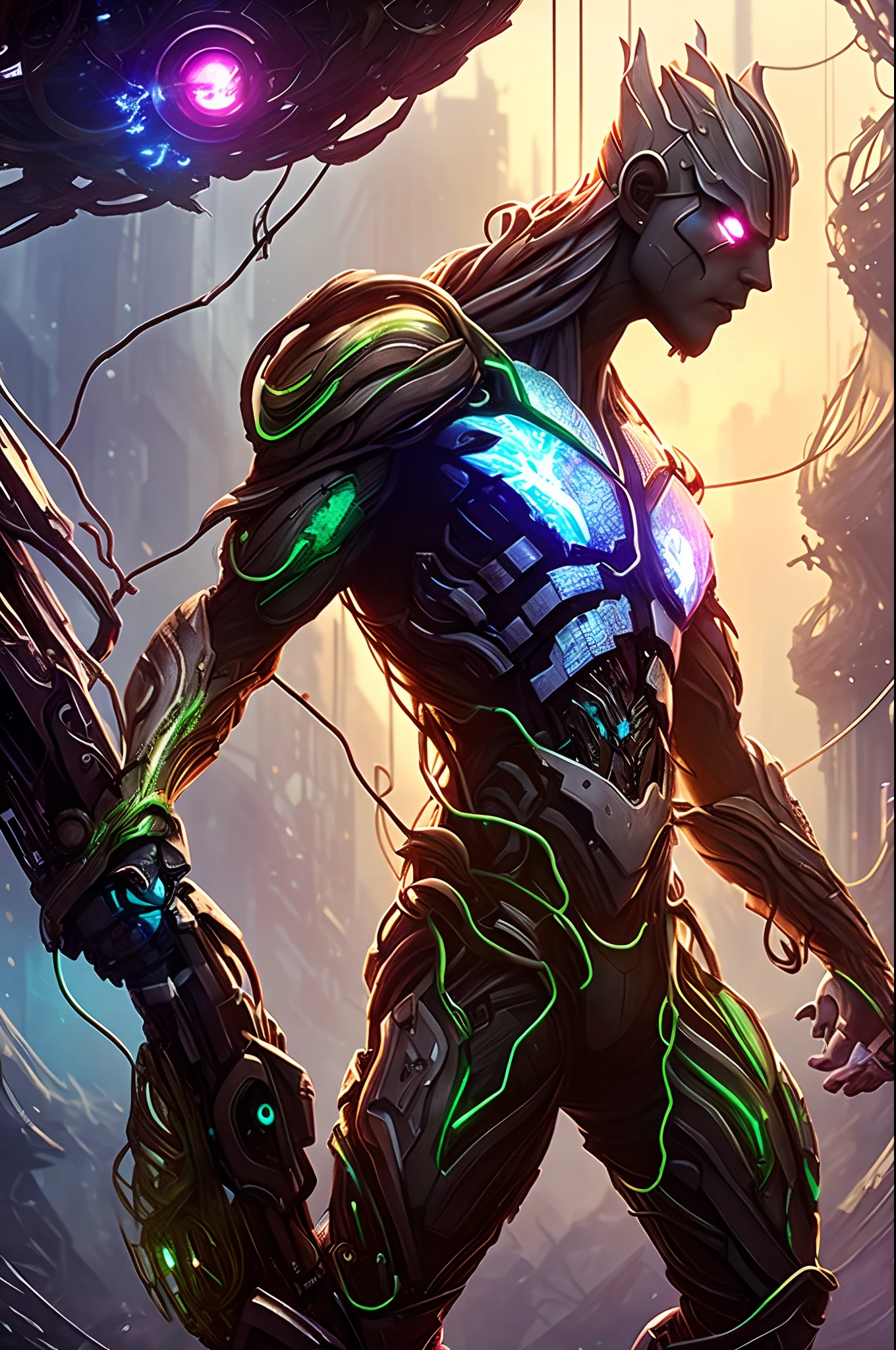 ethereal fantasy concept art of cyberpunk Groot, dynamic pose, hi-tech cybernetic suit, muscular, intertwined vines growing out of the ground, branches, deep shadows, vibrant, crisp, sleek, ultramodern, cinematic, ultra detailed, professional, cyberpunk theme, (electric violet accents:0.8) . magnificent, celestial, ethereal, painterly, epic, majestic, magical, fantasy art, cover art, dreamy