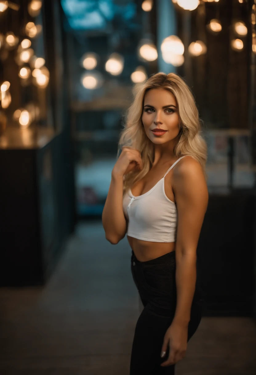 Blonde woman with matching tank top and cropped pants posing in a nightclub, fille sexy aux yeux bleus, Portrait Sophie Mudd, Street in the Background, Best quality, 1fille, Portrait de Corinna Kopf, cheveux noirs Long s et grands yeux, selfie of a young woman, ohne Maquillage, maquillage naturel, Look directly into the camera, Visage ronde, dezentes Maquillage, Superbe photo du corps entier, dans la chambre, gros seins, Blonde, Latin