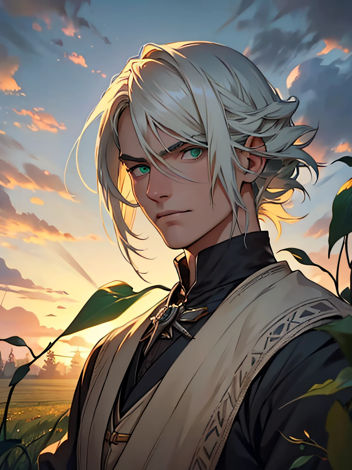 Jesse is tall He has white hair with green tips, and inoccent green eyes, they're so beautiful to look at. His hair is straight and he has beautifully toned body.  Jesse is seen victorian bloodborne clothes. He is on a greenfield, next to a medieval village. Sunset. Sunlight, field, portrait