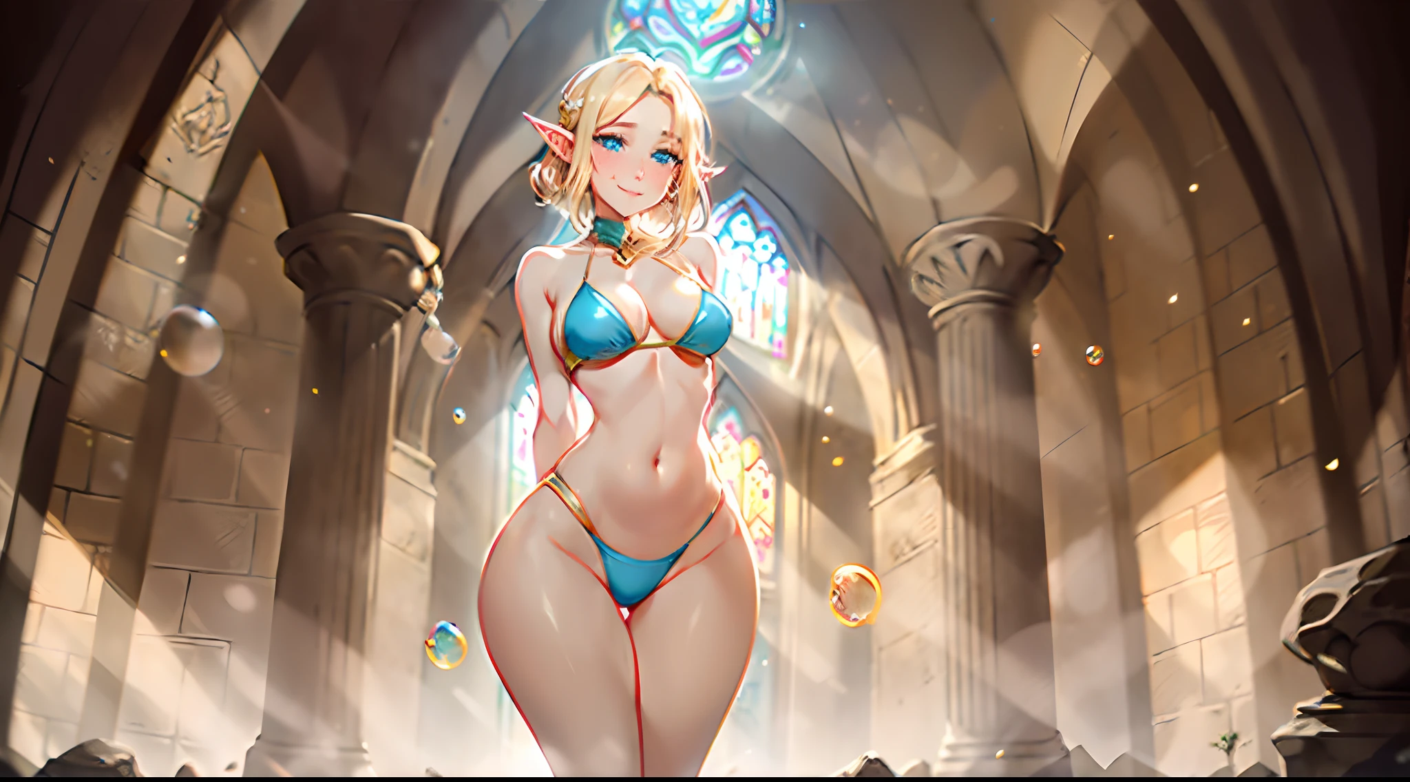 An elf female with a hourglass figure with very wide hips and thick soft thighs and a round bubble butt, slim waist with a toned belly, slender neck and arms, highly detailed face, bright blushing smile, bright blue eyes, blonde hair, white silk bikini, standing in a stone brick cathedral, delicate golden jewelry, arms held behind back, Volumetric Lighting, Shallow Depth of Field